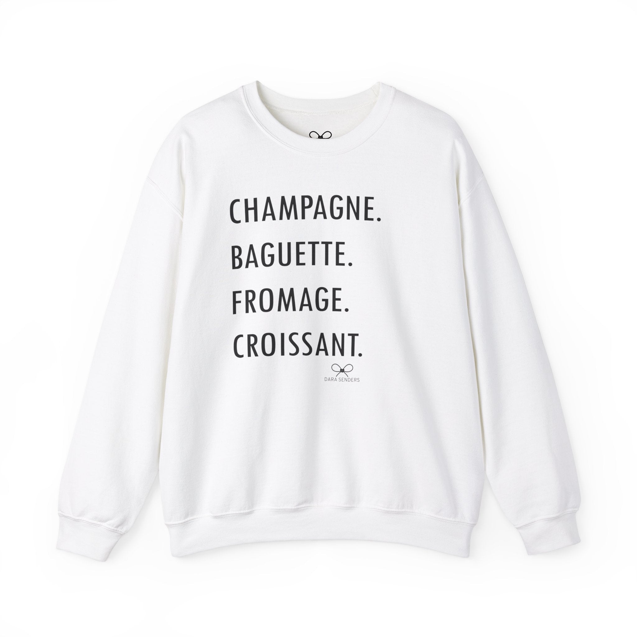 GOURMET LOVE (Champagne, Baguette, Fromage, Croissant) Crewneck Sweatshirt by DARA SENDERS at Shirley Shoppe