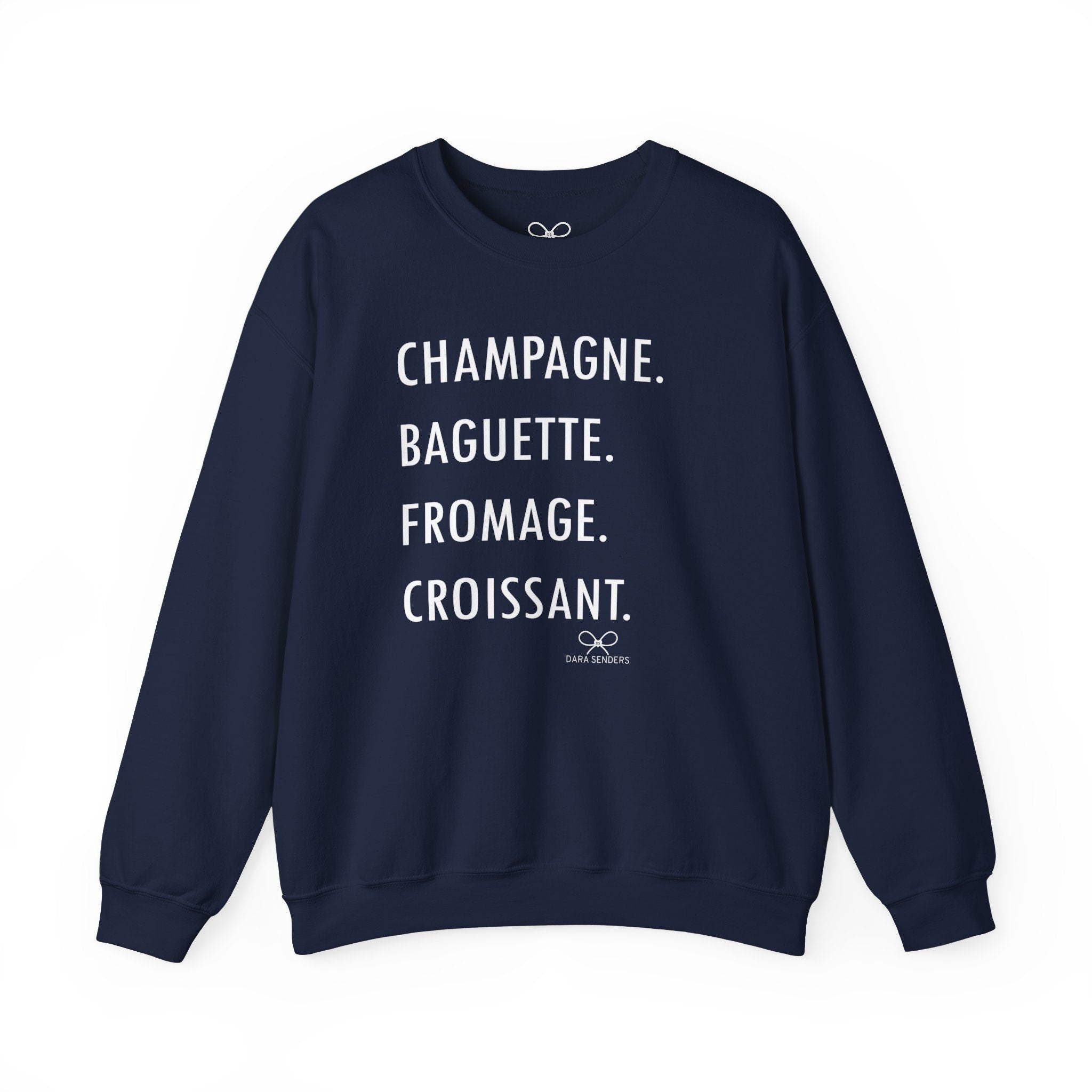 GOURMET LOVE (Champagne, Baguette, Fromage, Croissant) Crewneck Sweatshirt by DARA SENDERS at Shirley Shoppe