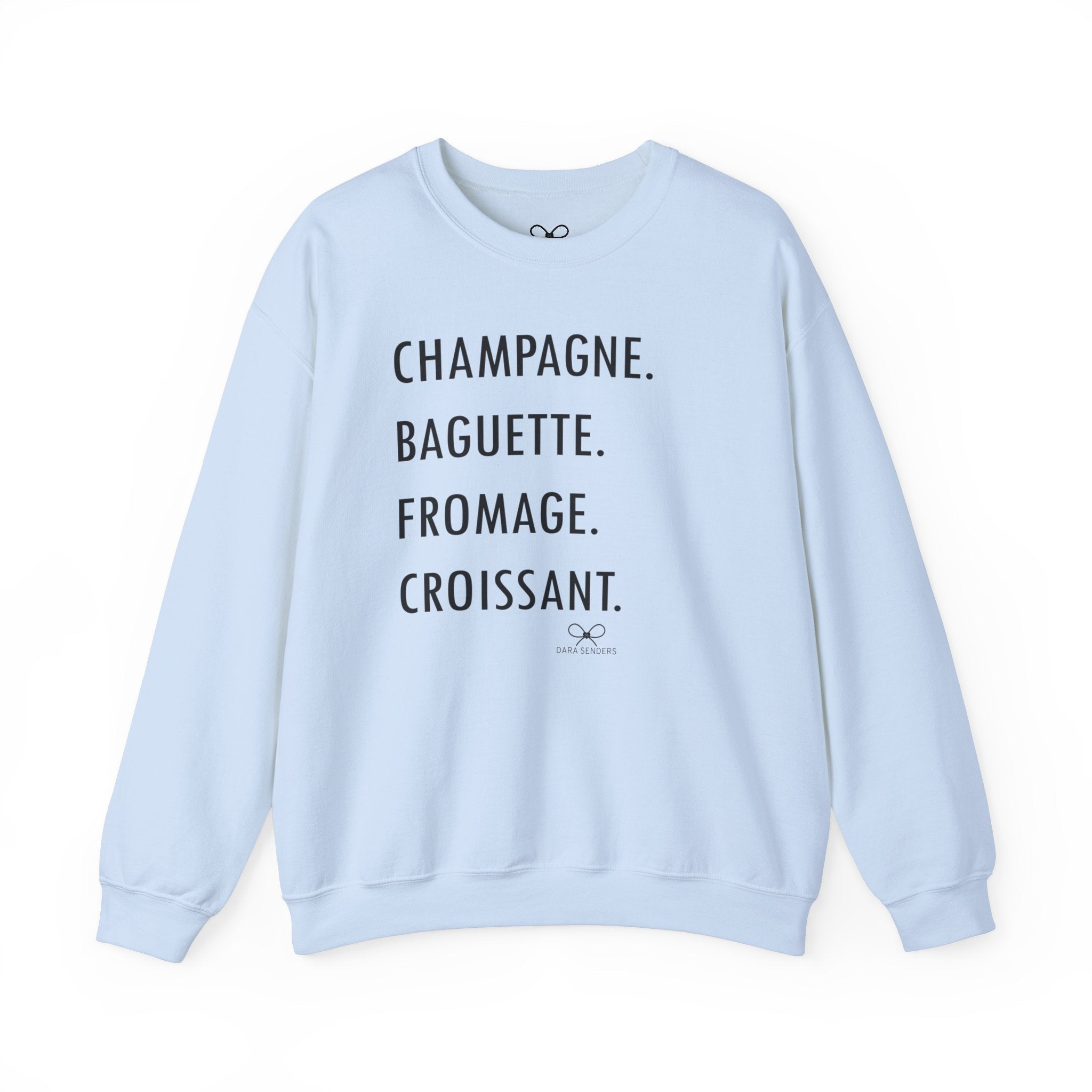 GOURMET LOVE (Champagne, Baguette, Fromage, Croissant) Crewneck Sweatshirt by DARA SENDERS at Shirley Shoppe