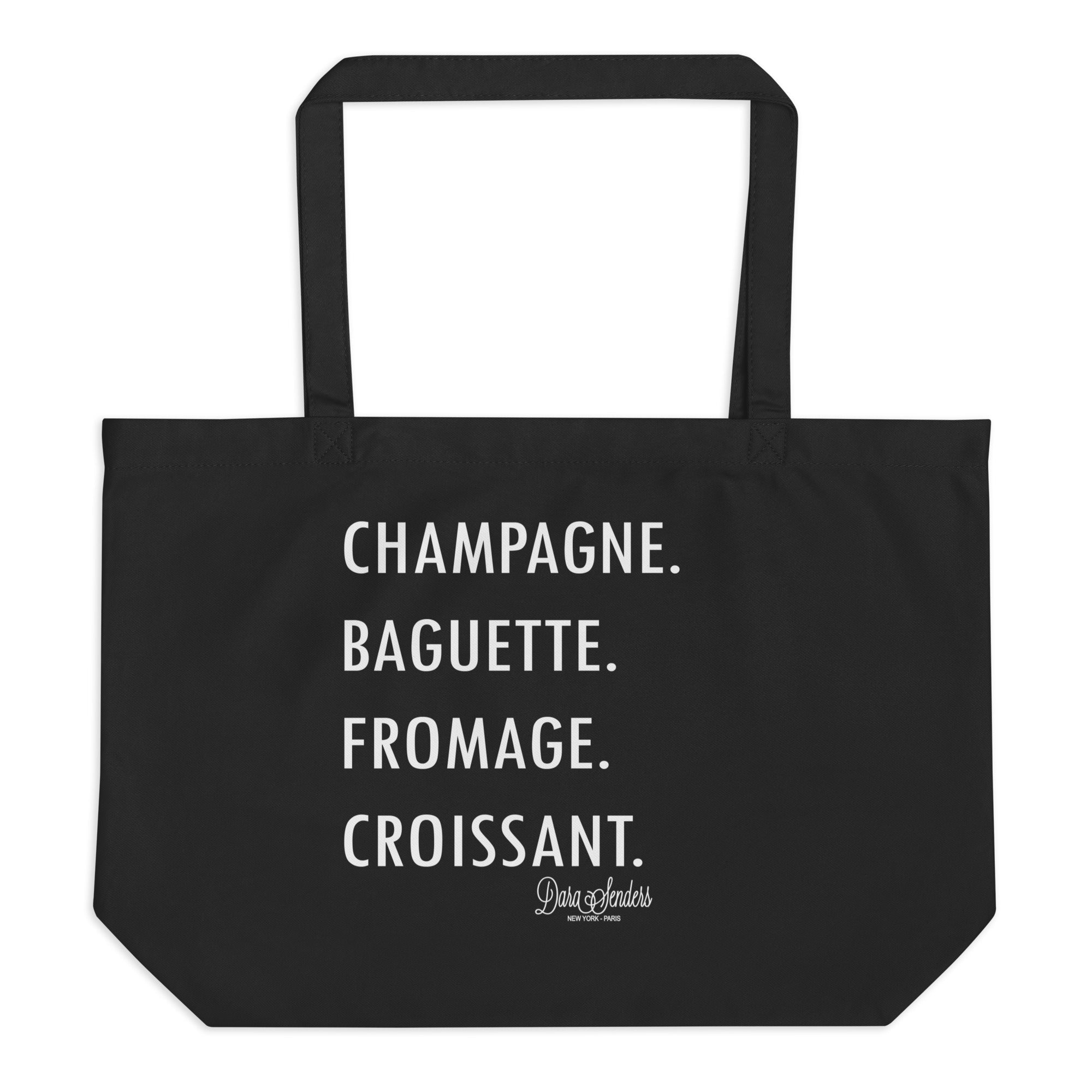 GOURMET LOVE (Champagne, Baguette, Fromage, Croissant) LARGE ORGANIC TOTE BAG by DARA SENDERS at Shirley Shoppe