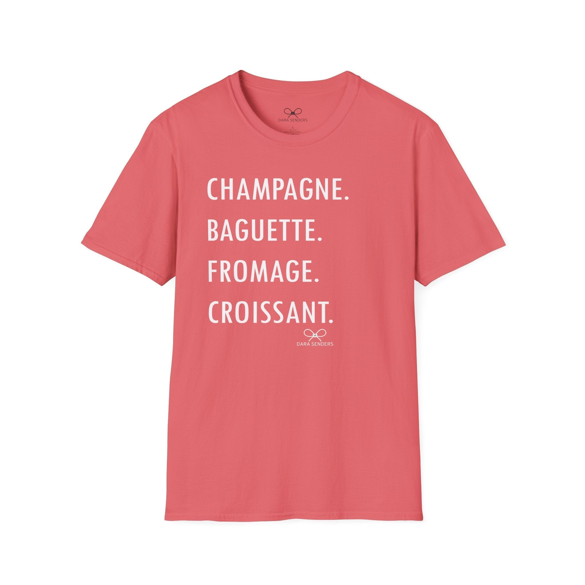 GOURMET LOVE (Champagne, Baguette, Fromage, Croissant) Tshirt by DARA SENDERS at Shirley Shoppe