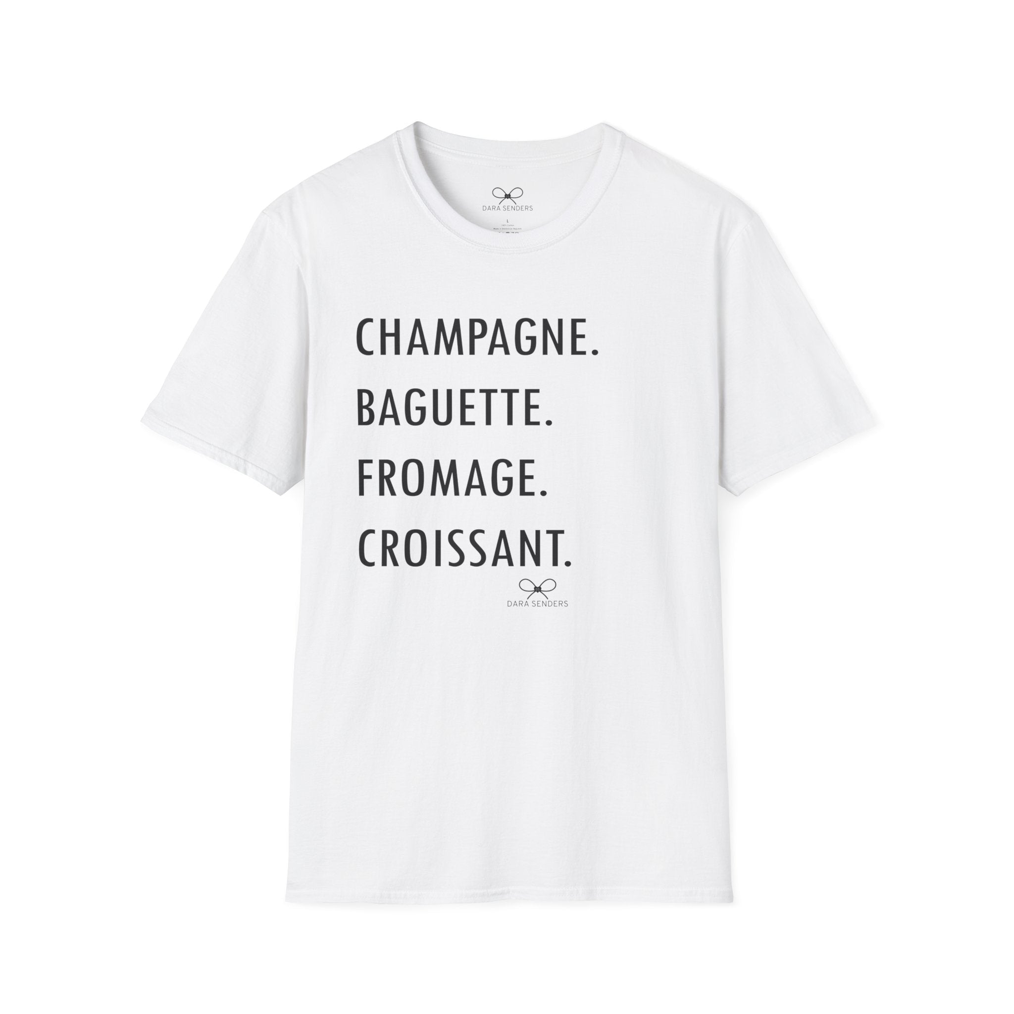 GOURMET LOVE (Champagne, Baguette, Fromage, Croissant) Tshirt by DARA SENDERS at Shirley Shoppe