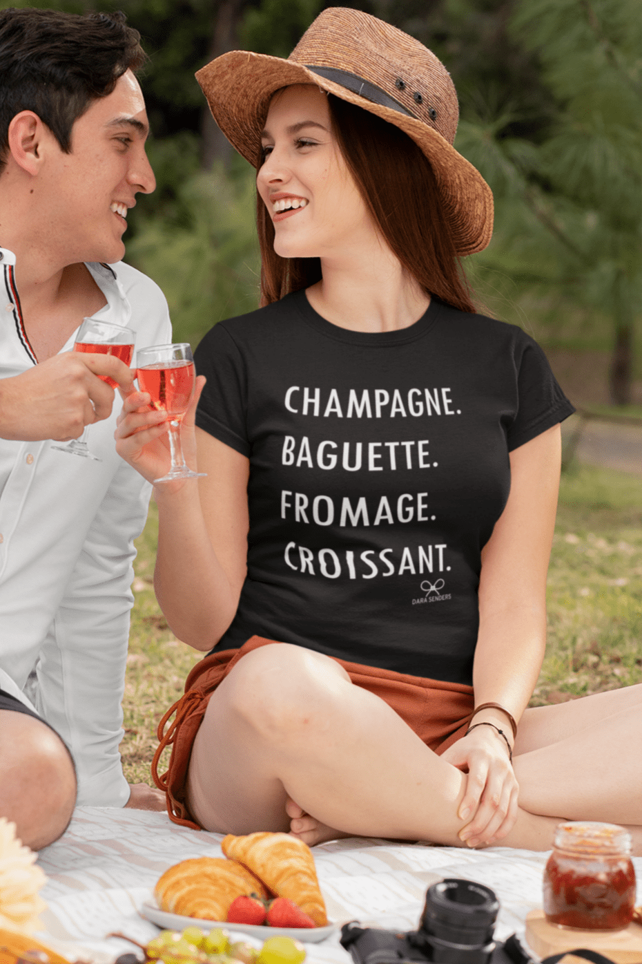GOURMET LOVE (Champagne, Baguette, Fromage, Croissant) Tshirt by DARA SENDERS at Shirley Shoppe