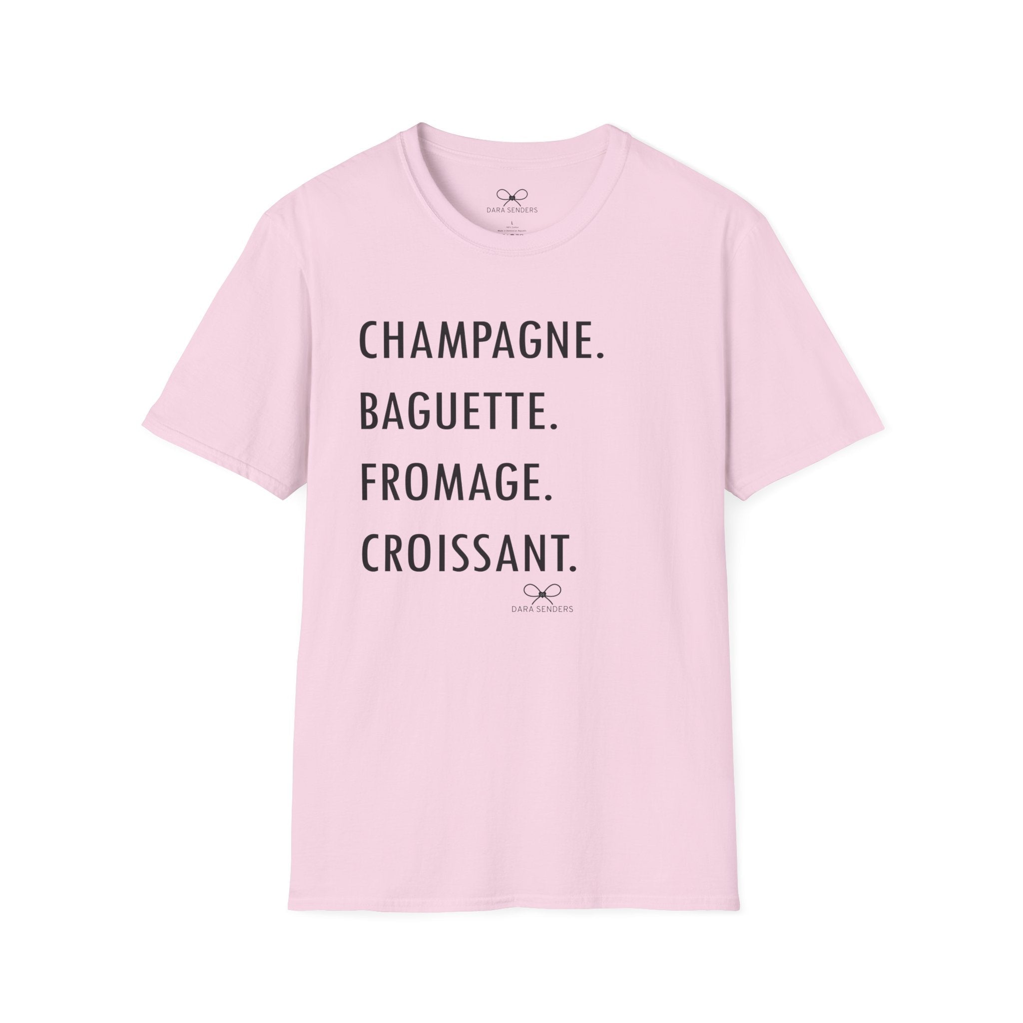 GOURMET LOVE (Champagne, Baguette, Fromage, Croissant) Tshirt by DARA SENDERS at Shirley Shoppe