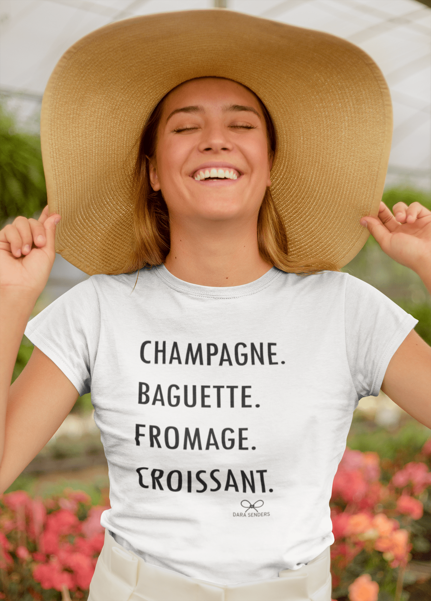 GOURMET LOVE (Champagne, Baguette, Fromage, Croissant) Tshirt by DARA SENDERS at Shirley Shoppe