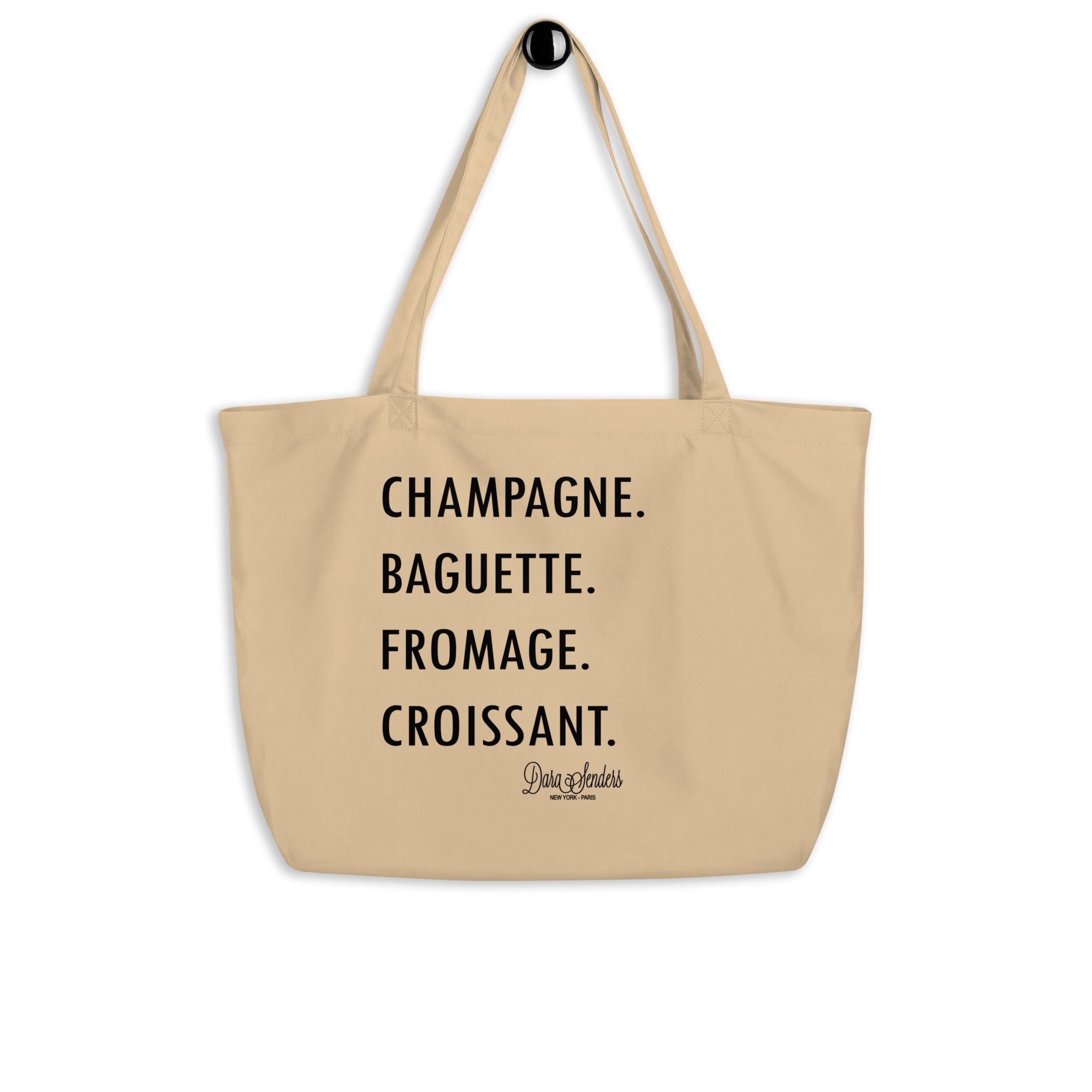 GOURMET LOVE (Champagne, Baguette, Fromage, Croissant) Tshirt - LARGE ORGANIC TOTE BAG by DARA SENDERS at Shirley Shoppe