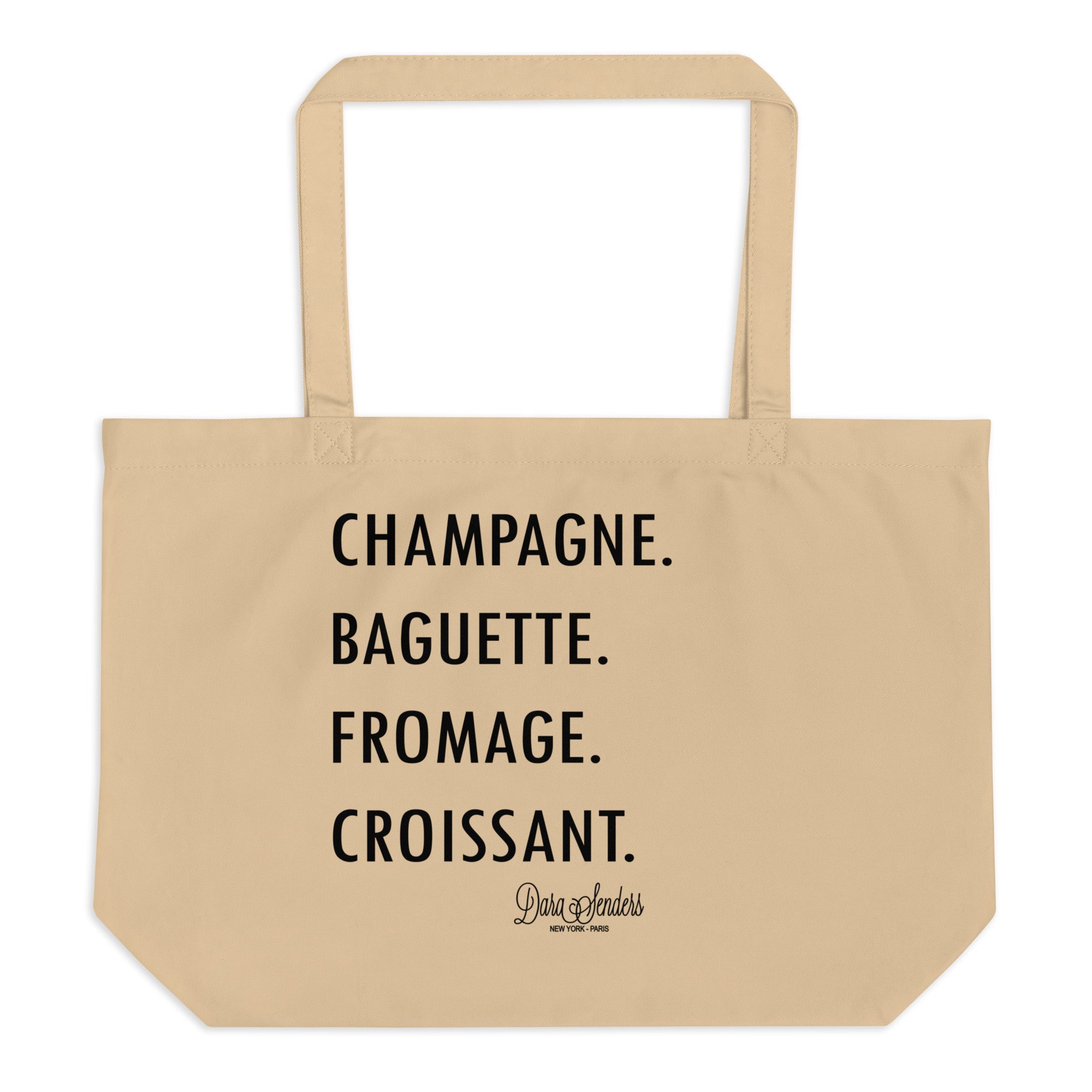 GOURMET LOVE (Champagne, Baguette, Fromage, Croissant) Tshirt - LARGE ORGANIC TOTE BAG by DARA SENDERS at Shirley Shoppe