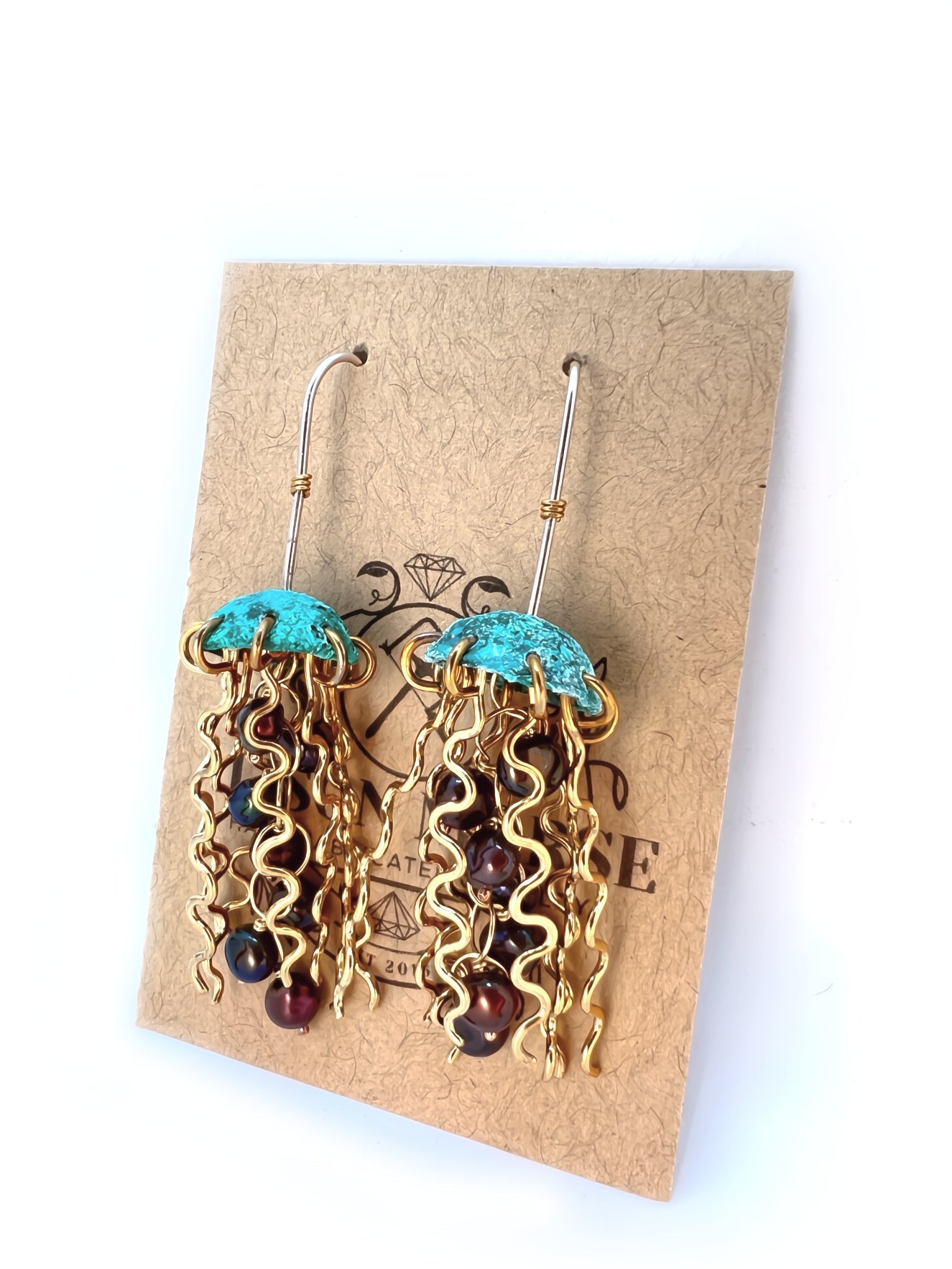 Green Copper Jellyfish Earrings with Dark Pearls and Sterling Silver Earwires by Alison Morse at Shirley Shoppe