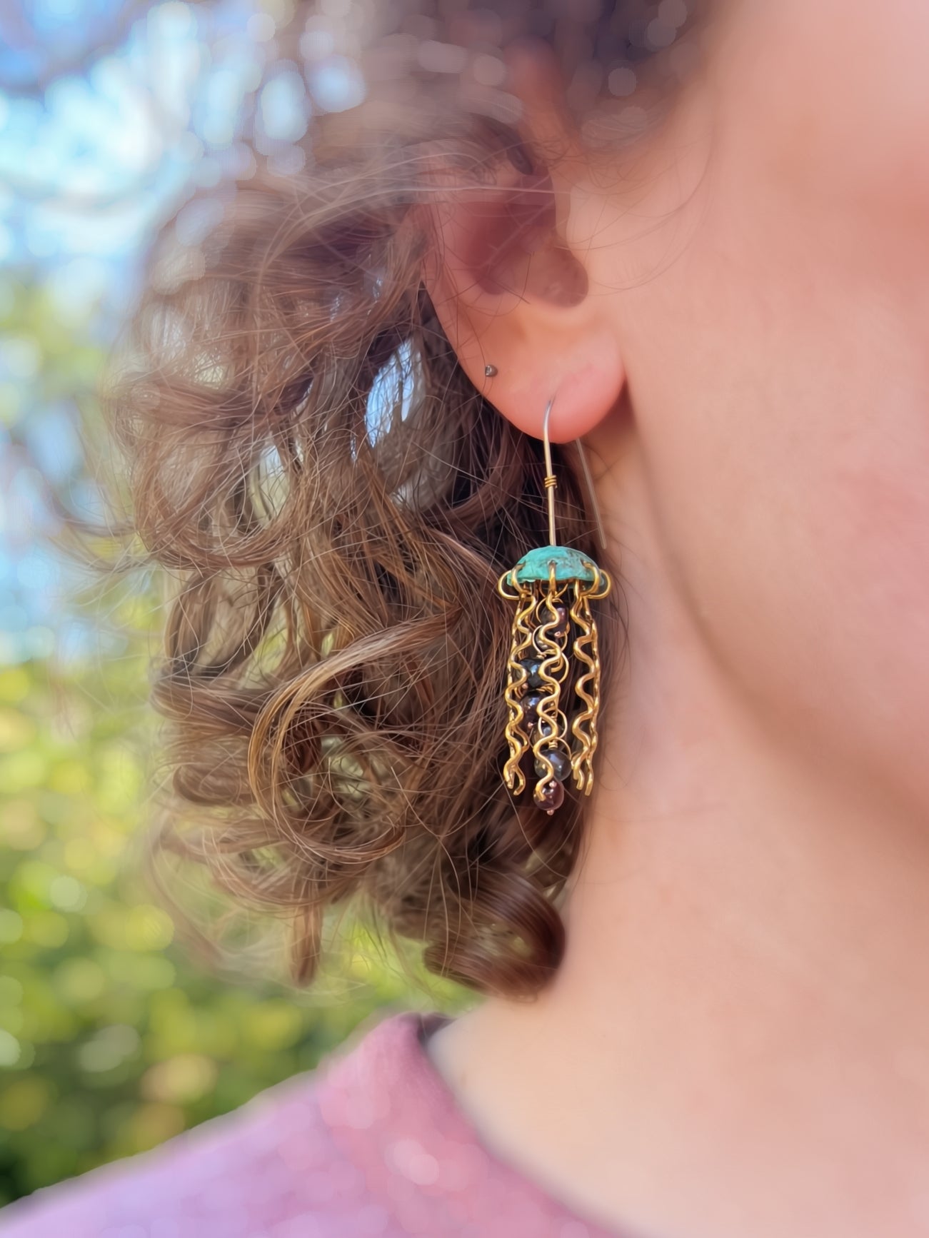 Green Copper Jellyfish Earrings with Dark Pearls and Sterling Silver Earwires by Alison Morse at Shirley Shoppe