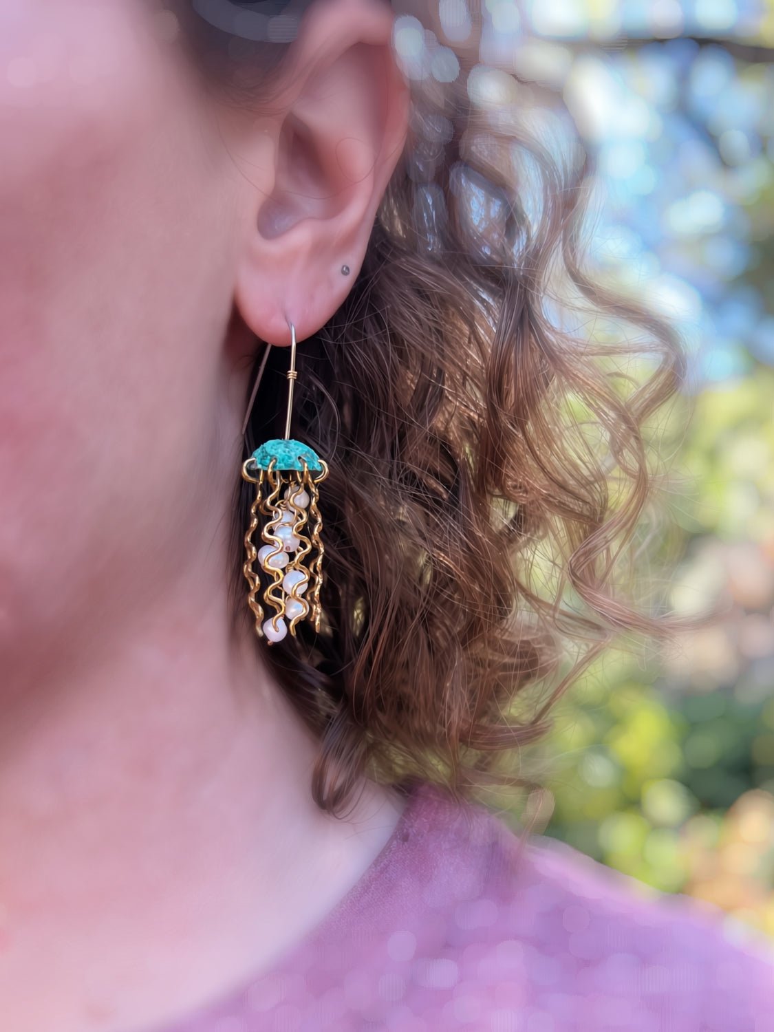 Green Copper Jellyfish Earrings with White Pearls and Sterling Silver Earwires by Alison Morse at Shirley Shoppe