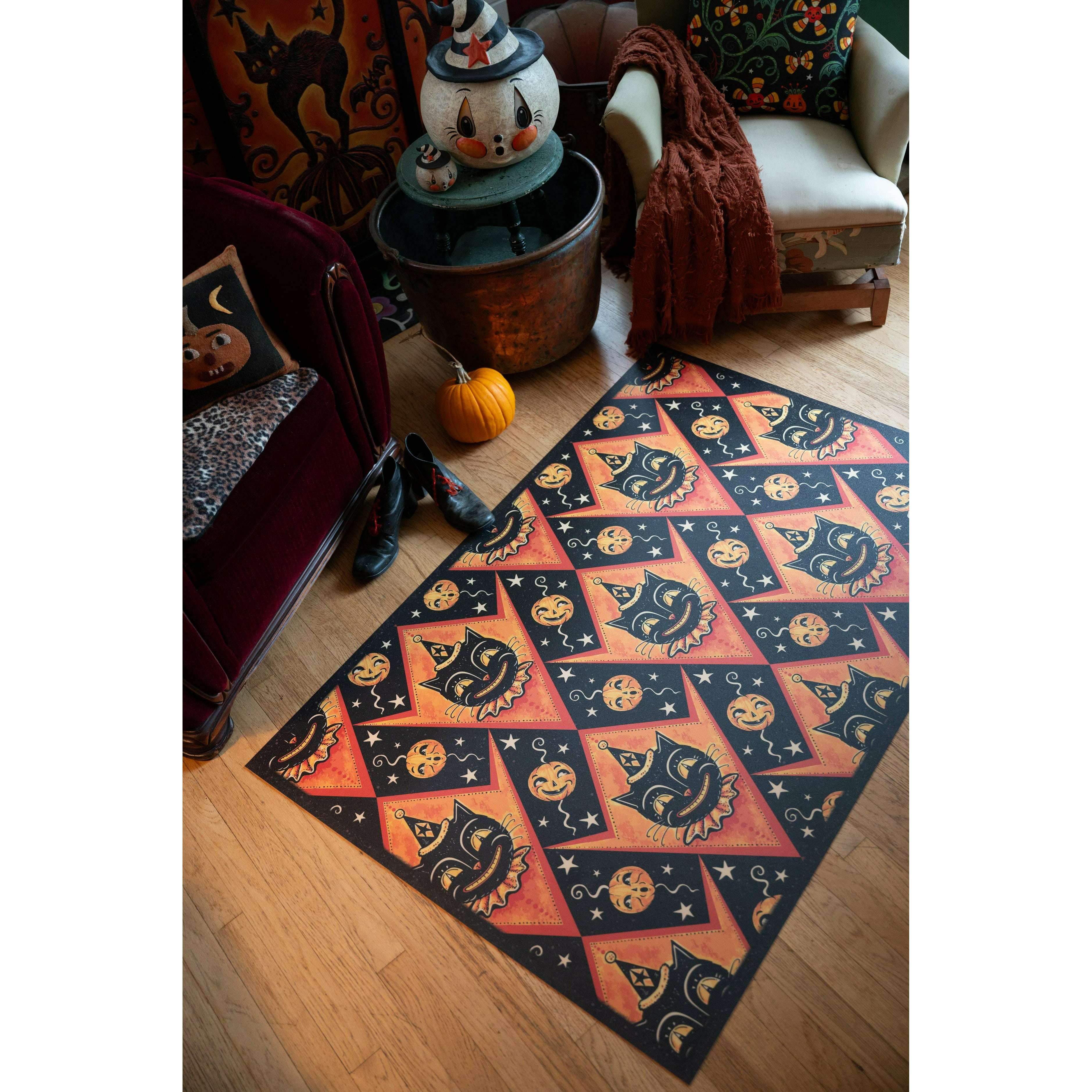 Grinning Black Cat Jack Harlequin Vinyl Floor Decor 52" x 76"