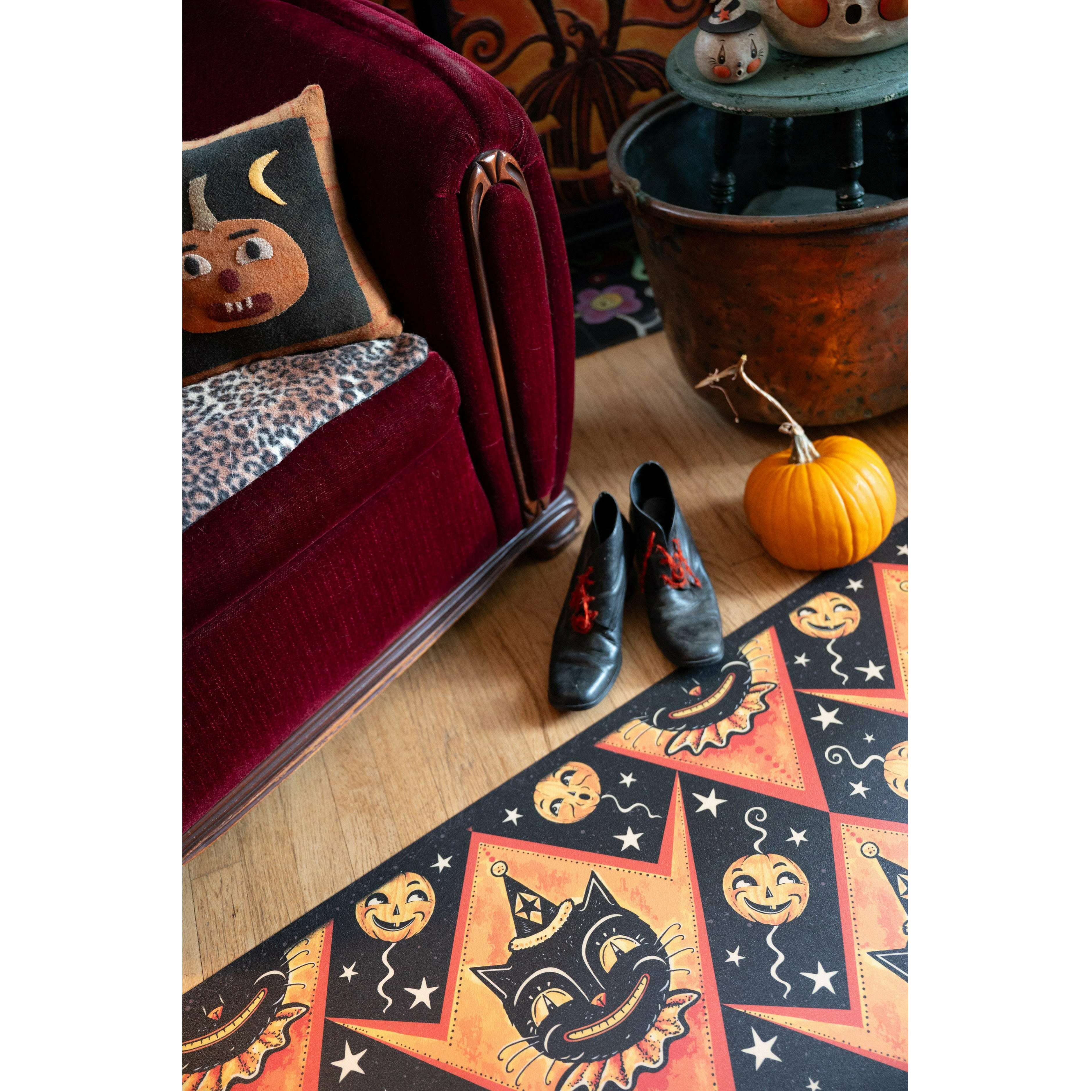Grinning Black Cat Jack 56” Harlequin Vinyl Floor Decor