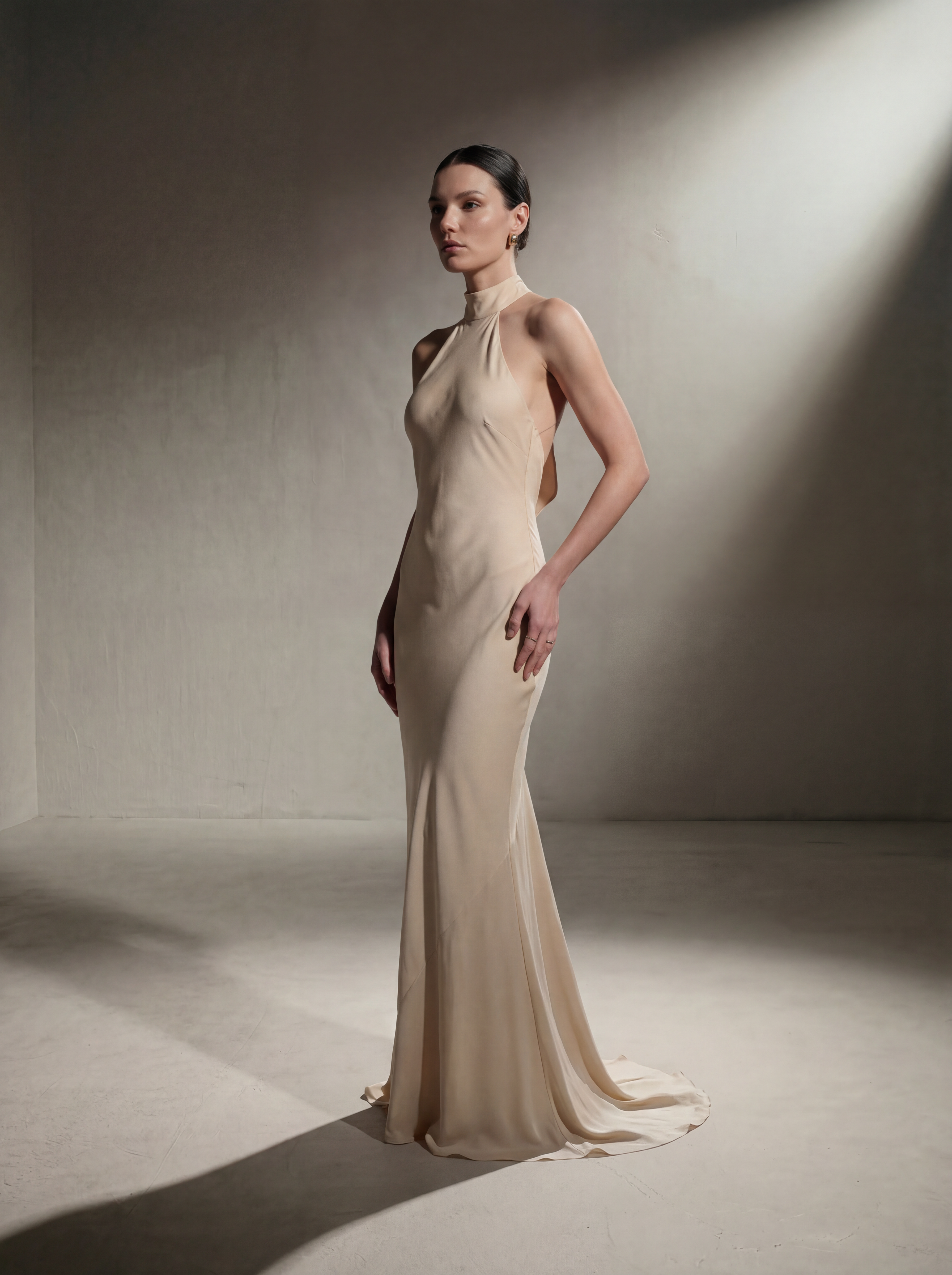 Silk Halter Neck Gown - Beige