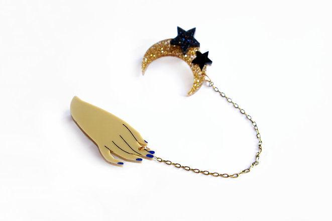 Hand and Moon Double brooch by Laliblue by Quirks! at Shirley Shoppe