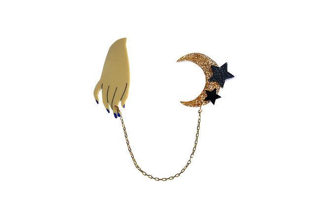 Hand and Moon Double brooch by Laliblue by Quirks! at Shirley Shoppe