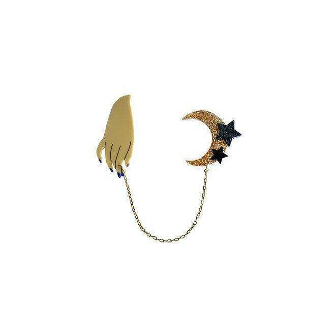 Hand and Moon Double brooch by Laliblue