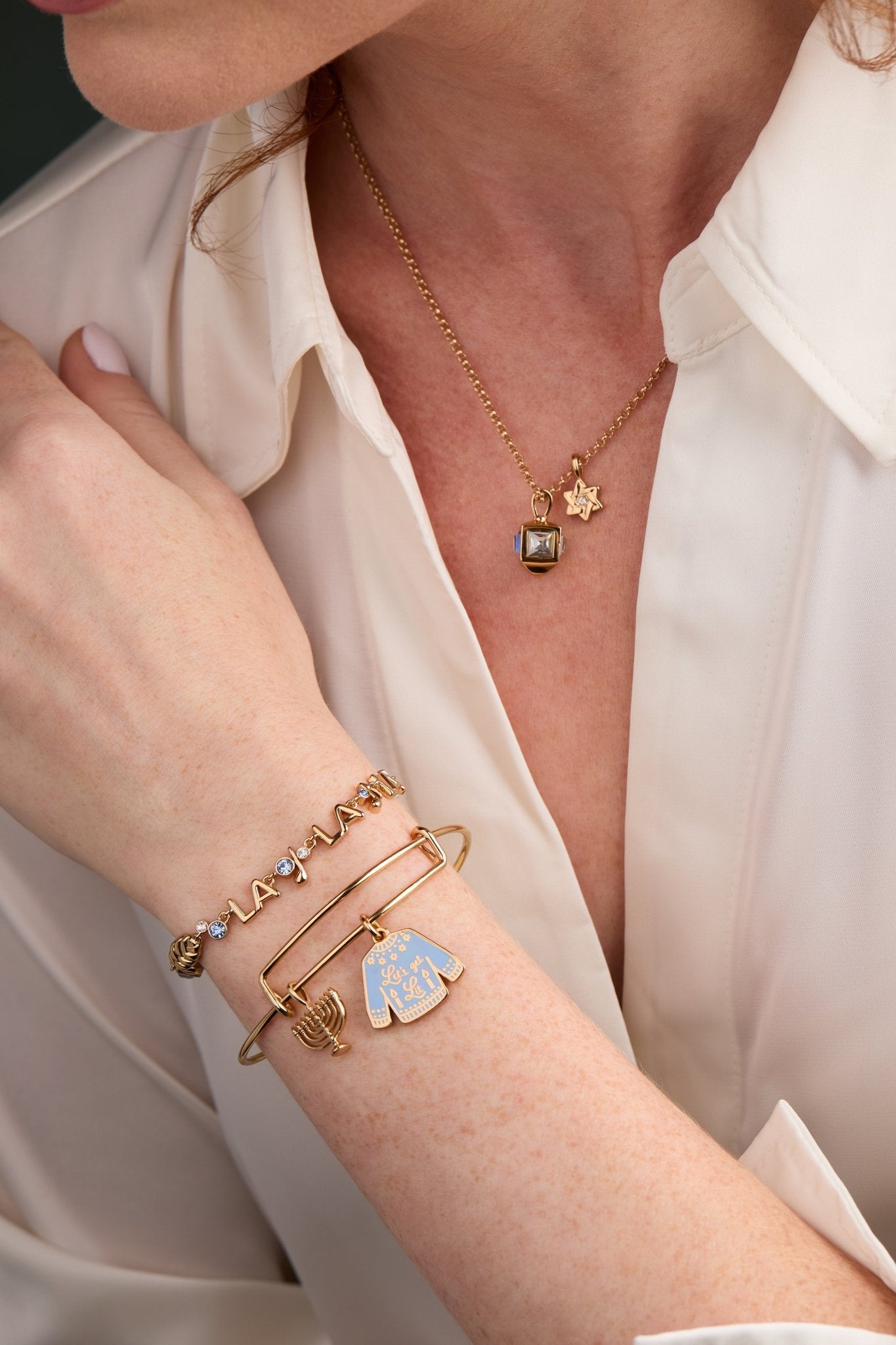 Hanukkah 'Let's Get Lit' Ugly Sweater & Menorah Bangle by ALEX AND ANI at Shirley Shoppe