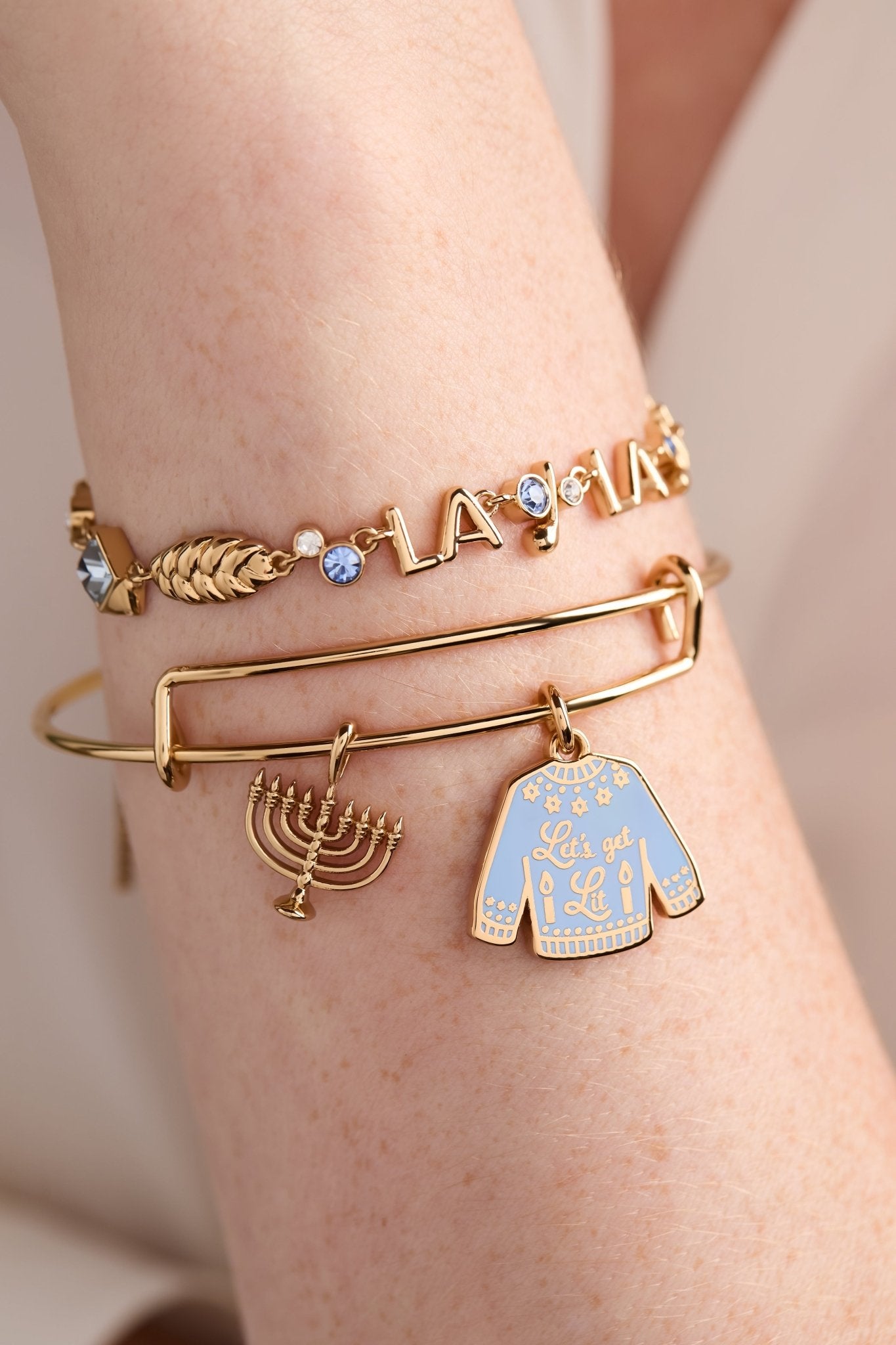 Hanukkah 'Let's Get Lit' Ugly Sweater & Menorah Bangle by ALEX AND ANI at Shirley Shoppe