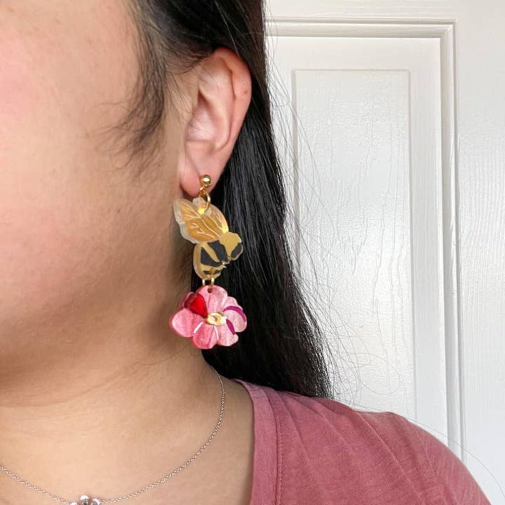 Honey Bee Flower Acrylic Earrings by Quirks! at Shirley Shoppe