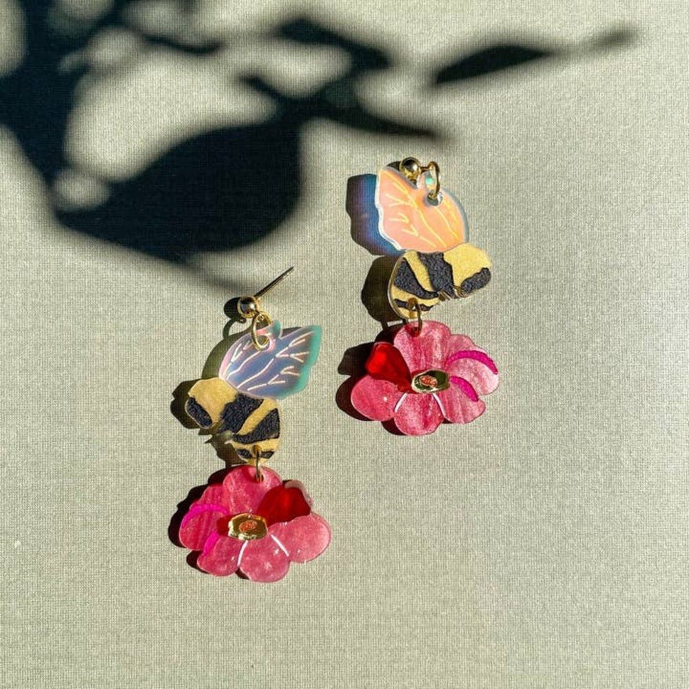 Honey Bee Flower Acrylic Earrings by Quirks! at Shirley Shoppe