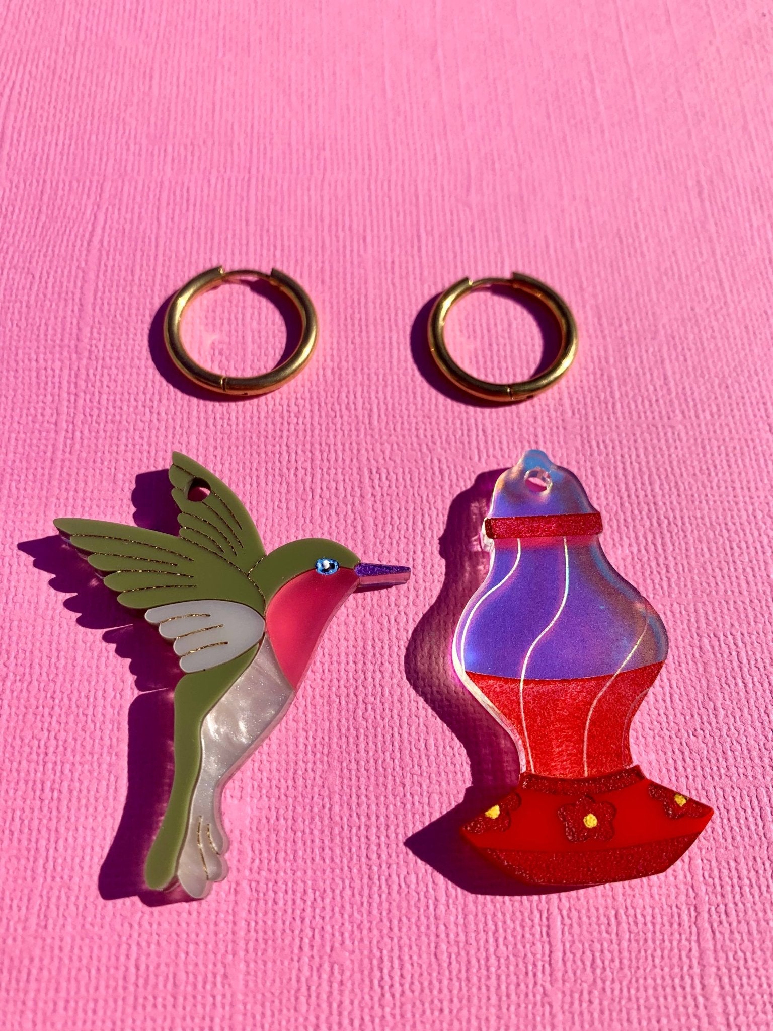 Hummingbird & Feeder Acrylic Statement Earrings by Quirks! at Shirley Shoppe