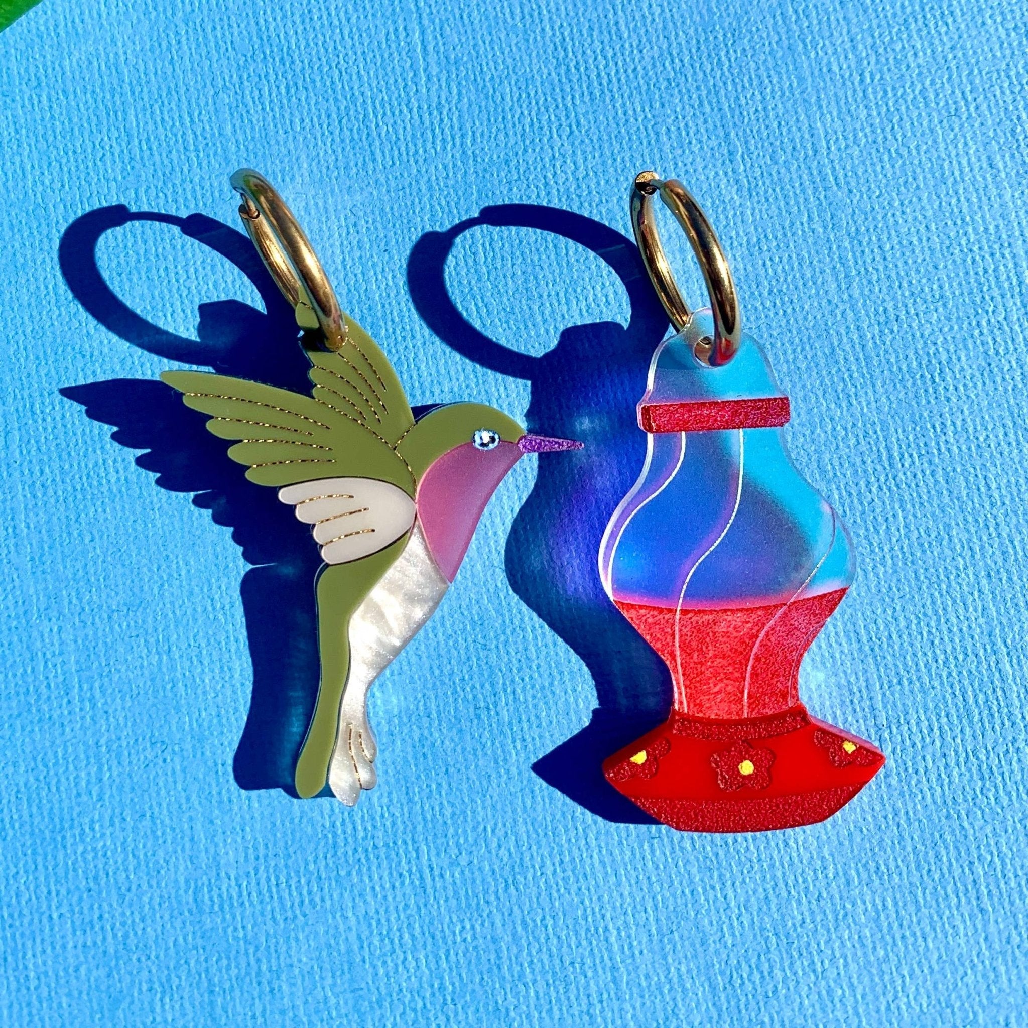 Hummingbird & Feeder Acrylic Statement Earrings by Quirks! at Shirley Shoppe
