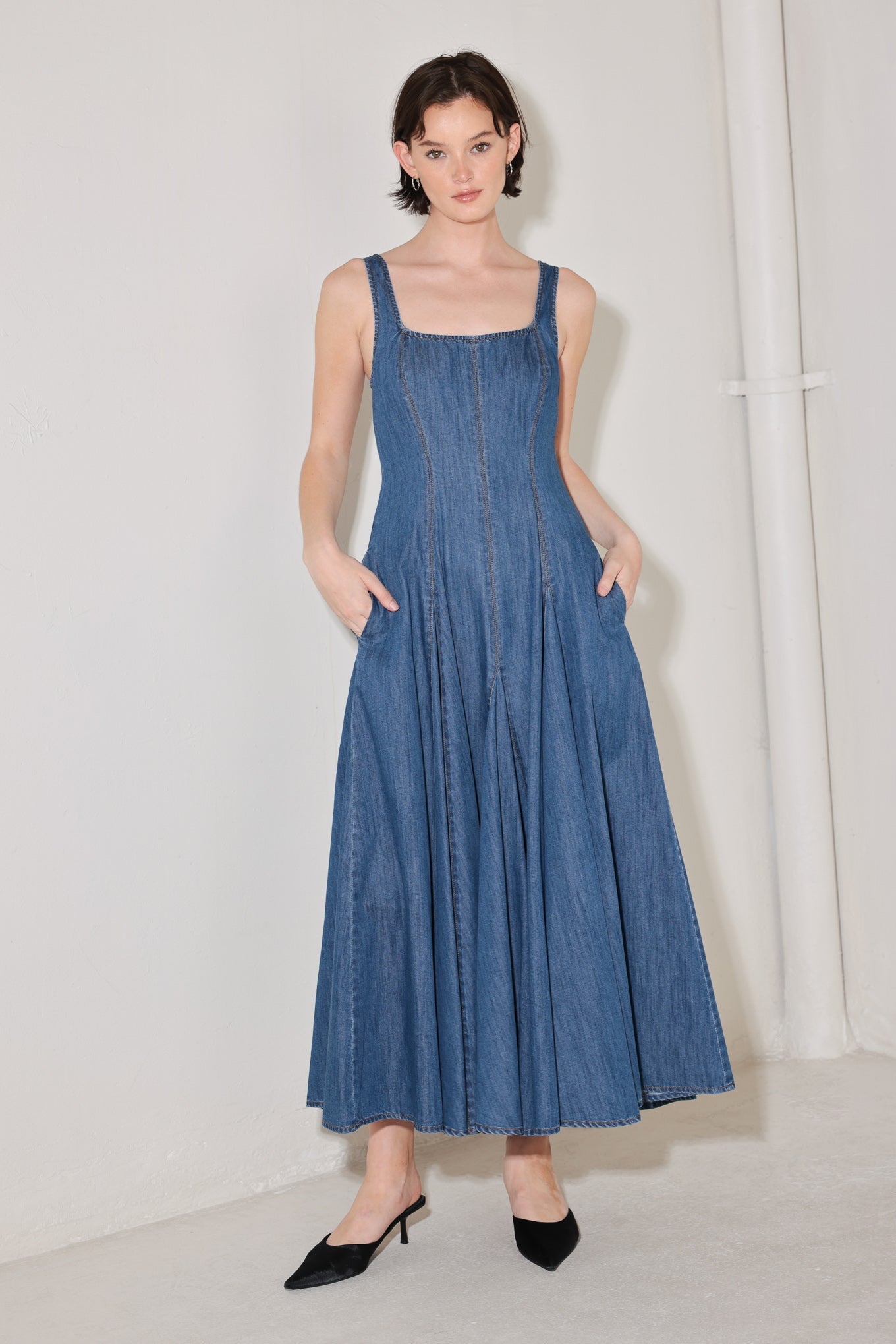 INDIGO SWAY DENIM MIDI DRESS by Flying Tomato at Shirley Shoppe