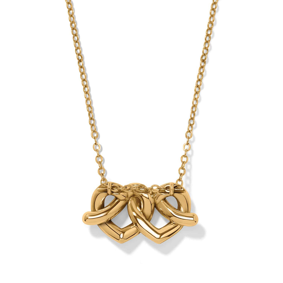 Brighton pendant necklace with gold-plated interlocking double heart charms on a delicate cable chain on a white background
