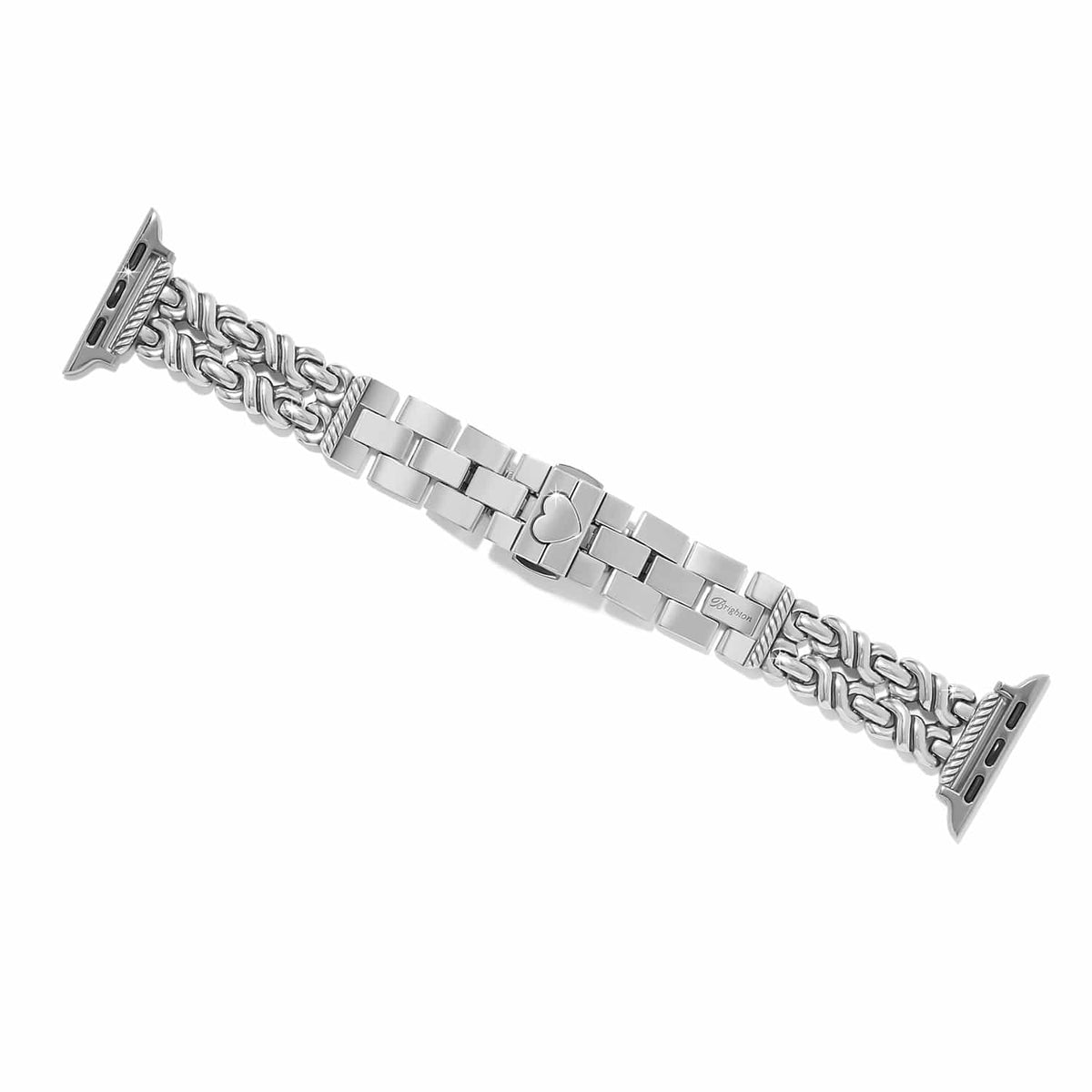 Brighton watch band with silver-plated byzantine chain links, heart-accented clasp, and Apple Watch connectors on a white background