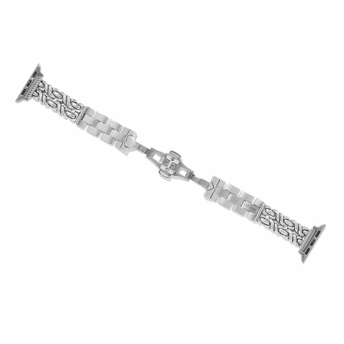 Brighton silver-plated watch band with scrollwork links, polished center links, and butterfly clasp on a white background