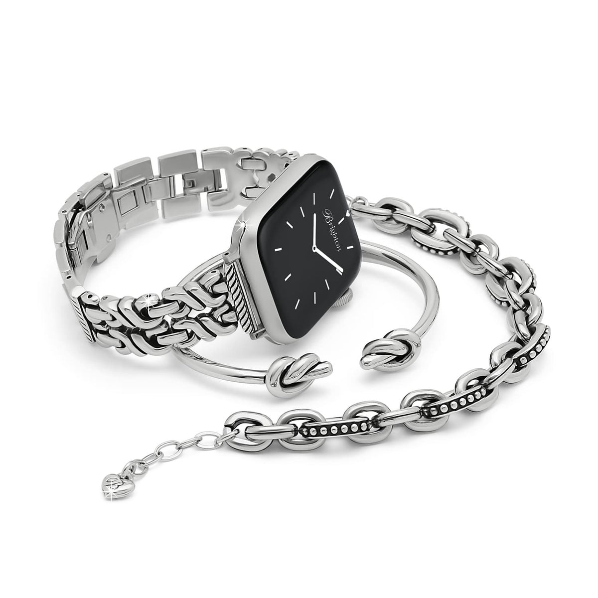 Brighton watch with black square face, silver-plated braided link band, and chain bracelet with knot accents on a white background