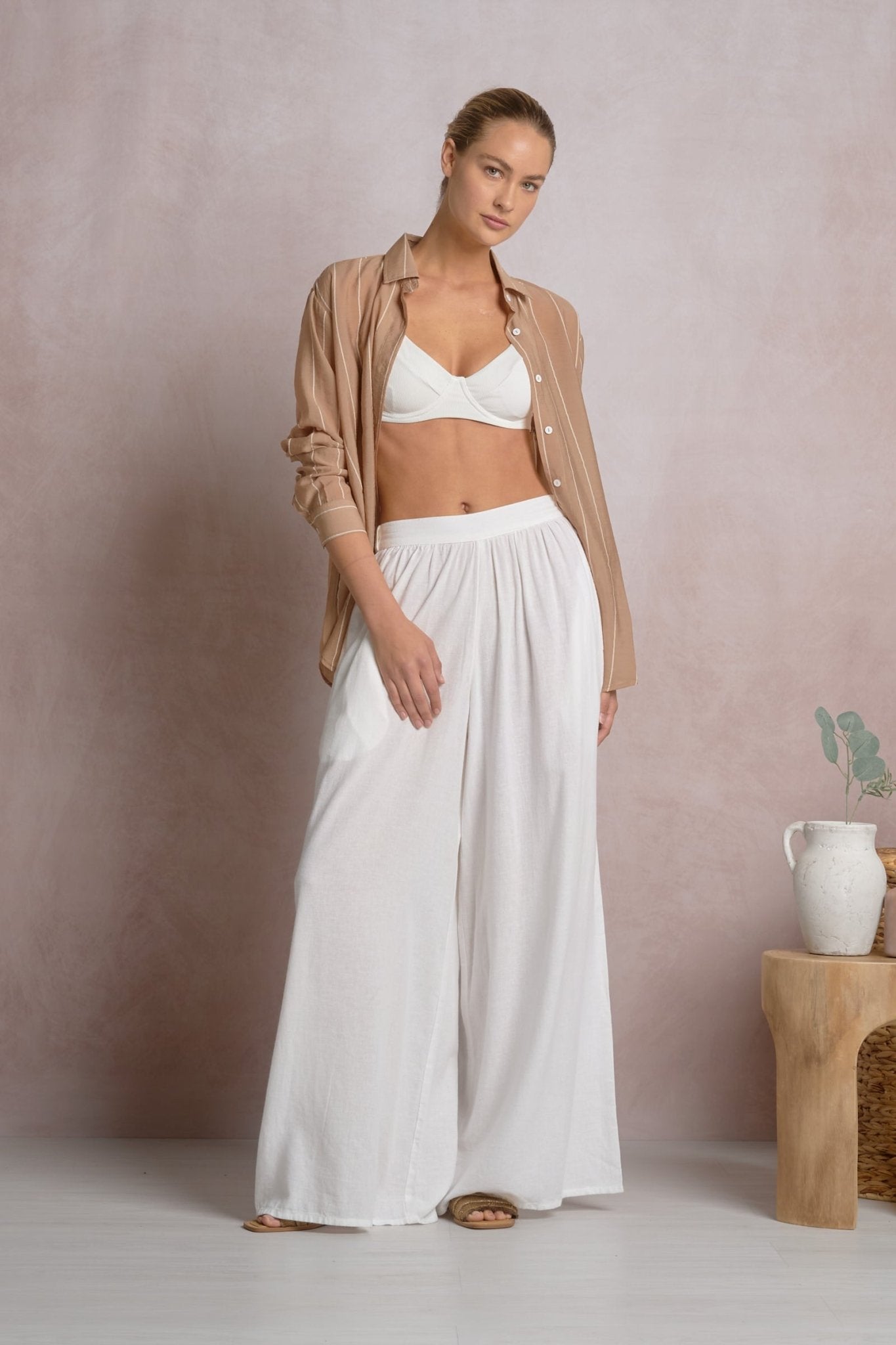 Island Button Down Tan by Shop Elan at Shirley Shoppe