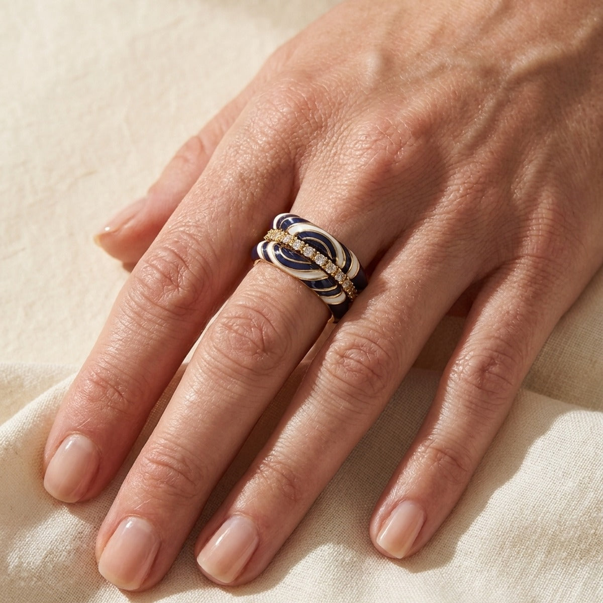 Petit Gateau Stackable Ring — Swirl & Pavé Duo