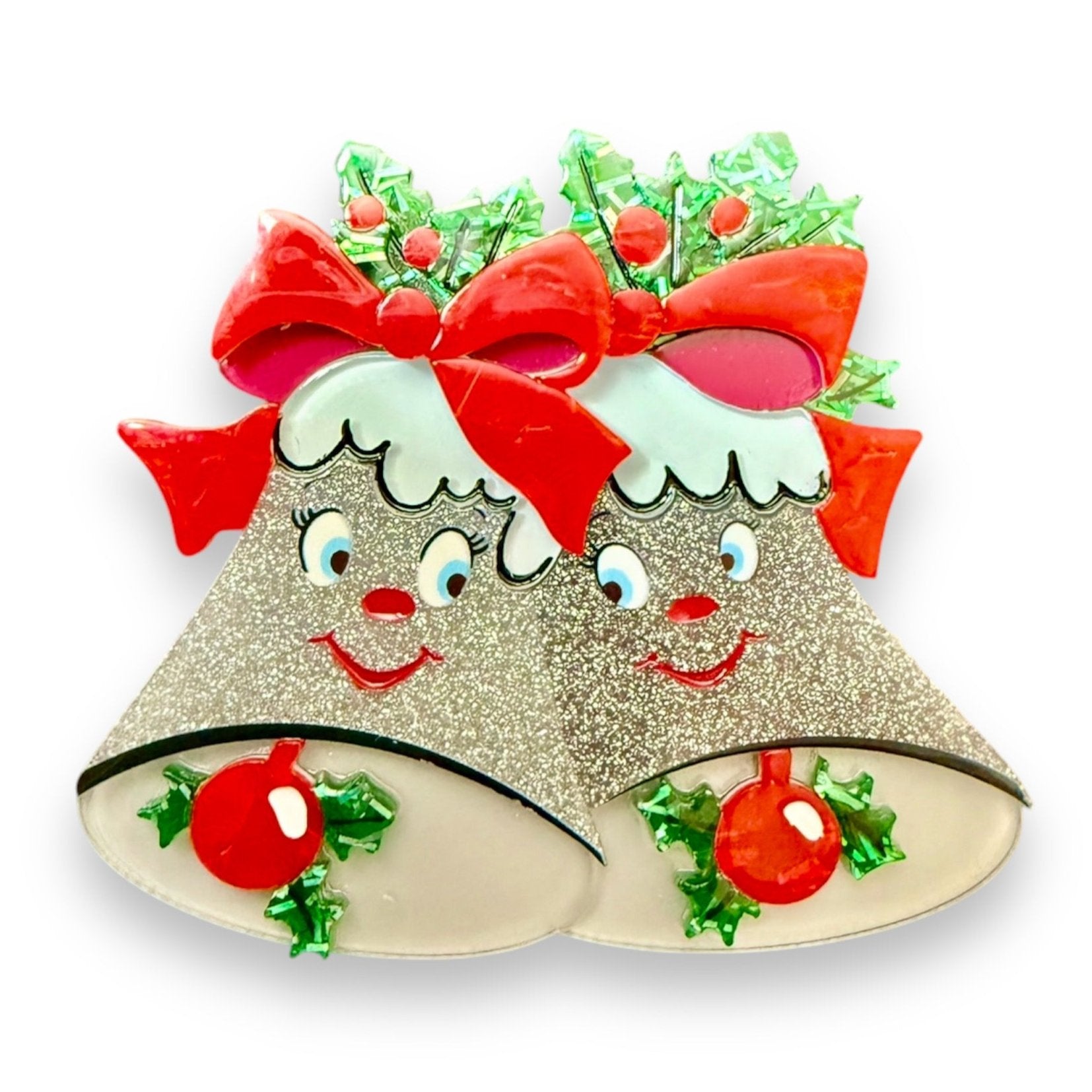 Silver Bells Brooch by Lipstick & Chrome — Retro Christmas Bell Pin