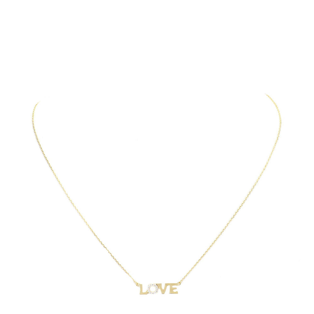LOVE Rhinestone Embellished Brass Metal Message Pendant Necklace