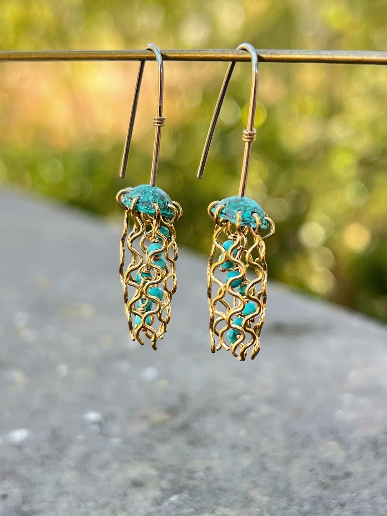 Mini Green Jellyfish Earrings with Turquoise Beads and Sterling Silver Earwires by Alison Morse at Shirley Shoppe