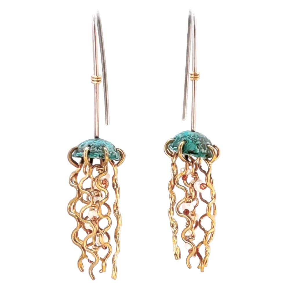 Mini Green Jellyfish Earrings with White Pearls and Sterling Silver Earwires by Alison Morse at Shirley Shoppe