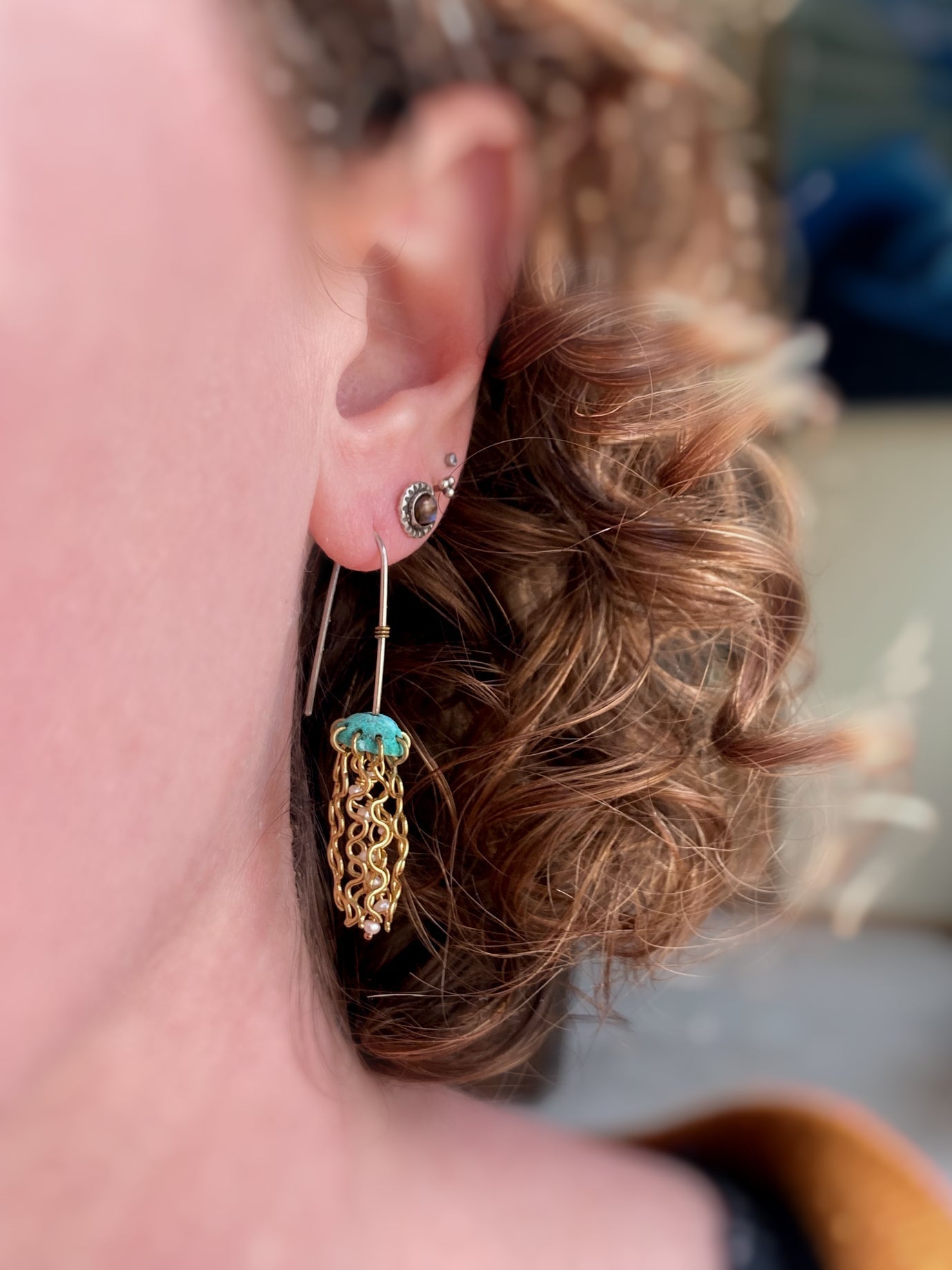 Mini Green Jellyfish Earrings with White Pearls and Sterling Silver Earwires by Alison Morse at Shirley Shoppe