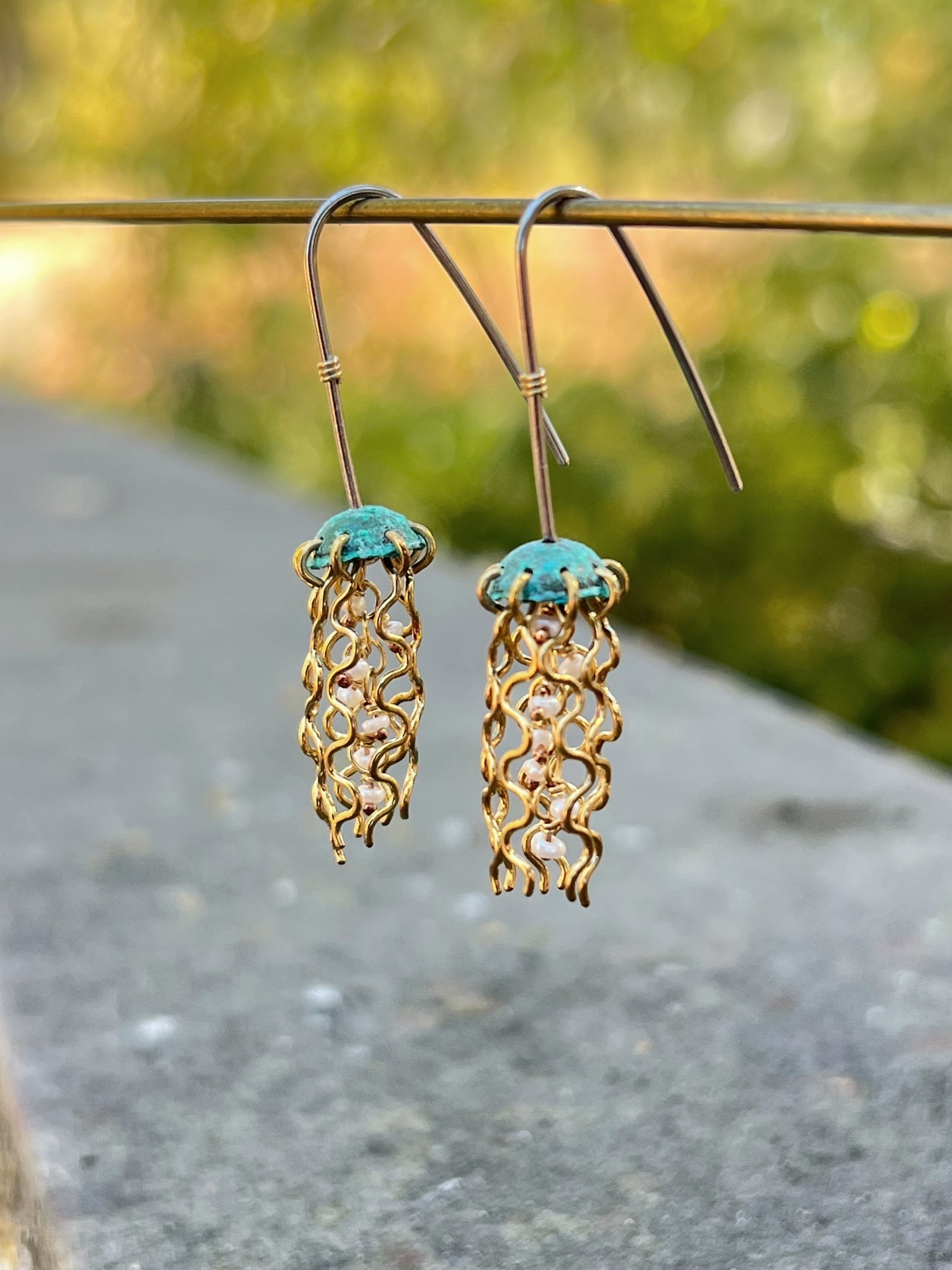 Mini Green Jellyfish Earrings with White Pearls and Sterling Silver Earwires by Alison Morse at Shirley Shoppe