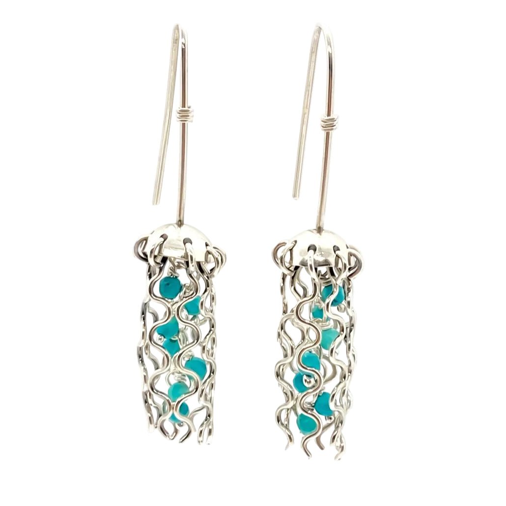 Mini Jellyfish Earrings in Sterling Silver with Turquoise Beads by Alison Morse at Shirley Shoppe