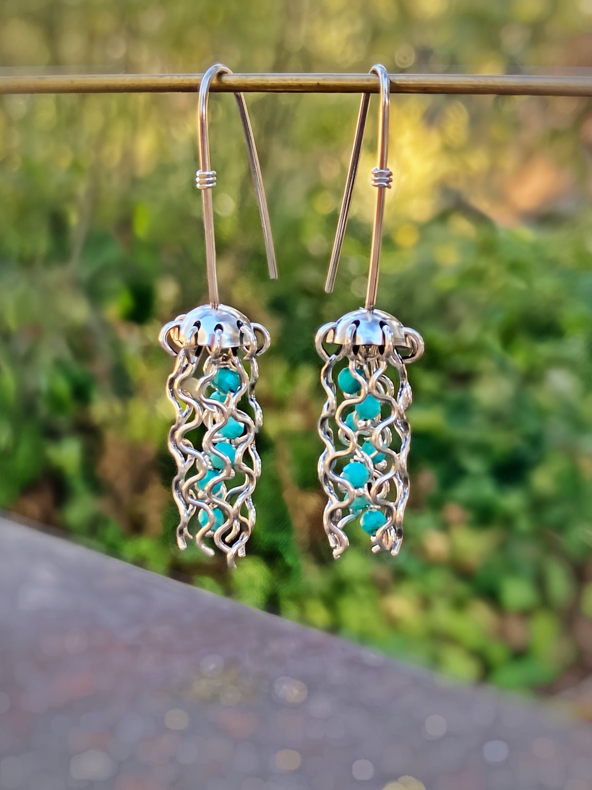 Mini Jellyfish Earrings in Sterling Silver with Turquoise Beads by Alison Morse at Shirley Shoppe