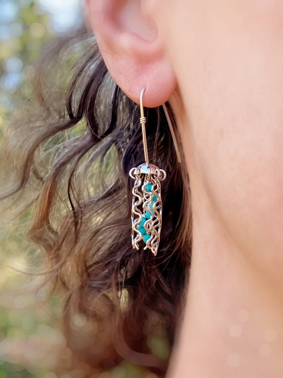 Mini Jellyfish Earrings in Sterling Silver with Turquoise Beads by Alison Morse at Shirley Shoppe