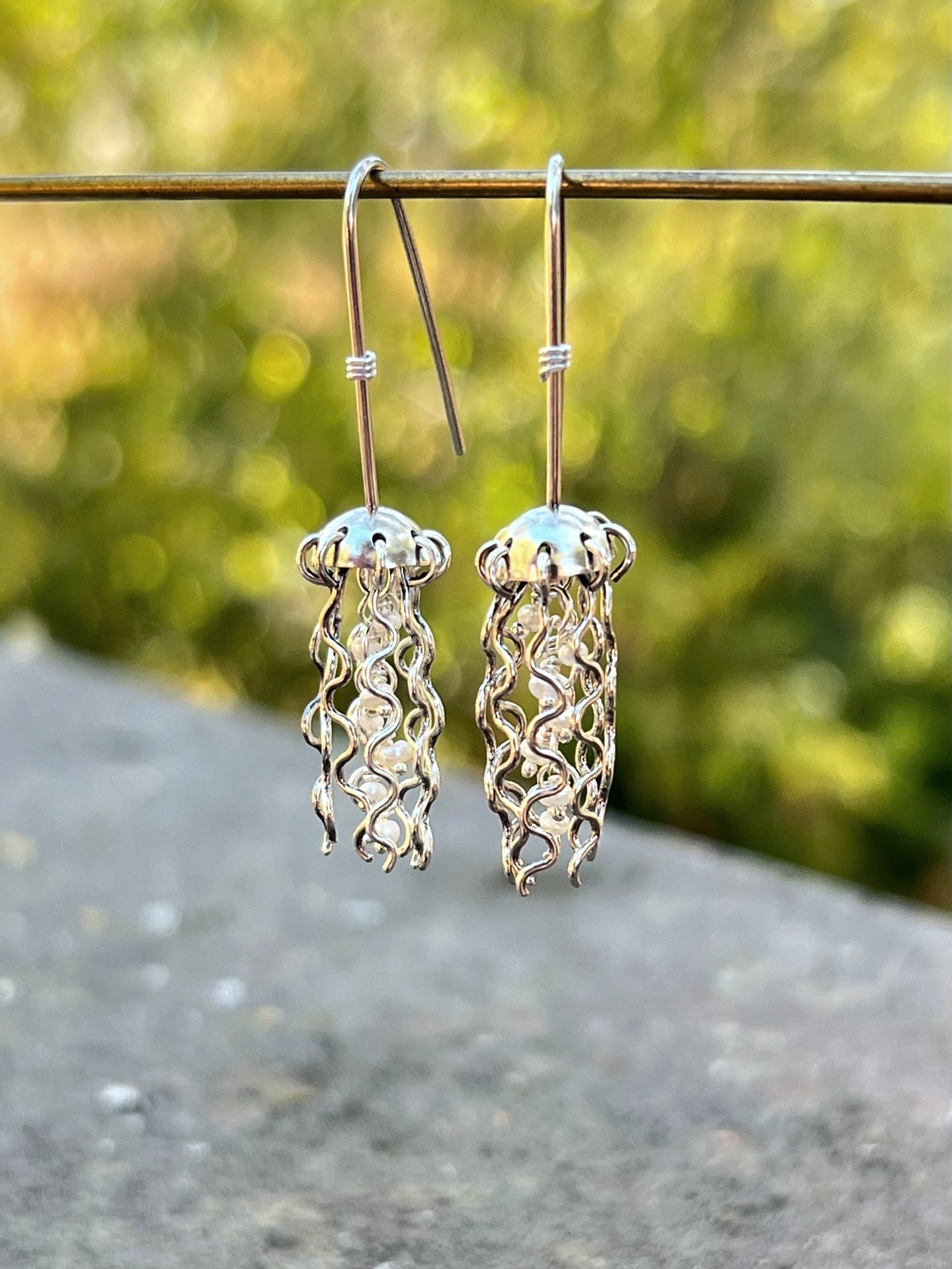 Mini Jellyfish Earrings in Sterling Silver with White Pearls by Alison Morse at Shirley Shoppe