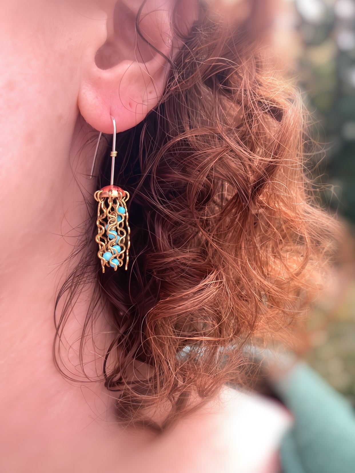 Mini Red Copper Jellyfish Earrings with Turquoise Beads and Sterling Silver Earwires by Alison Morse at Shirley Shoppe