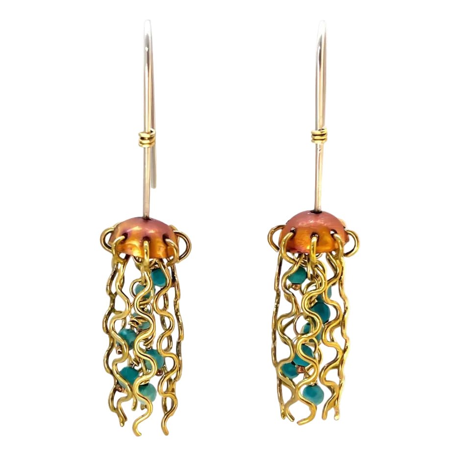 Mini Red Copper Jellyfish Earrings with Turquoise Beads and Sterling Silver Earwires by Alison Morse at Shirley Shoppe