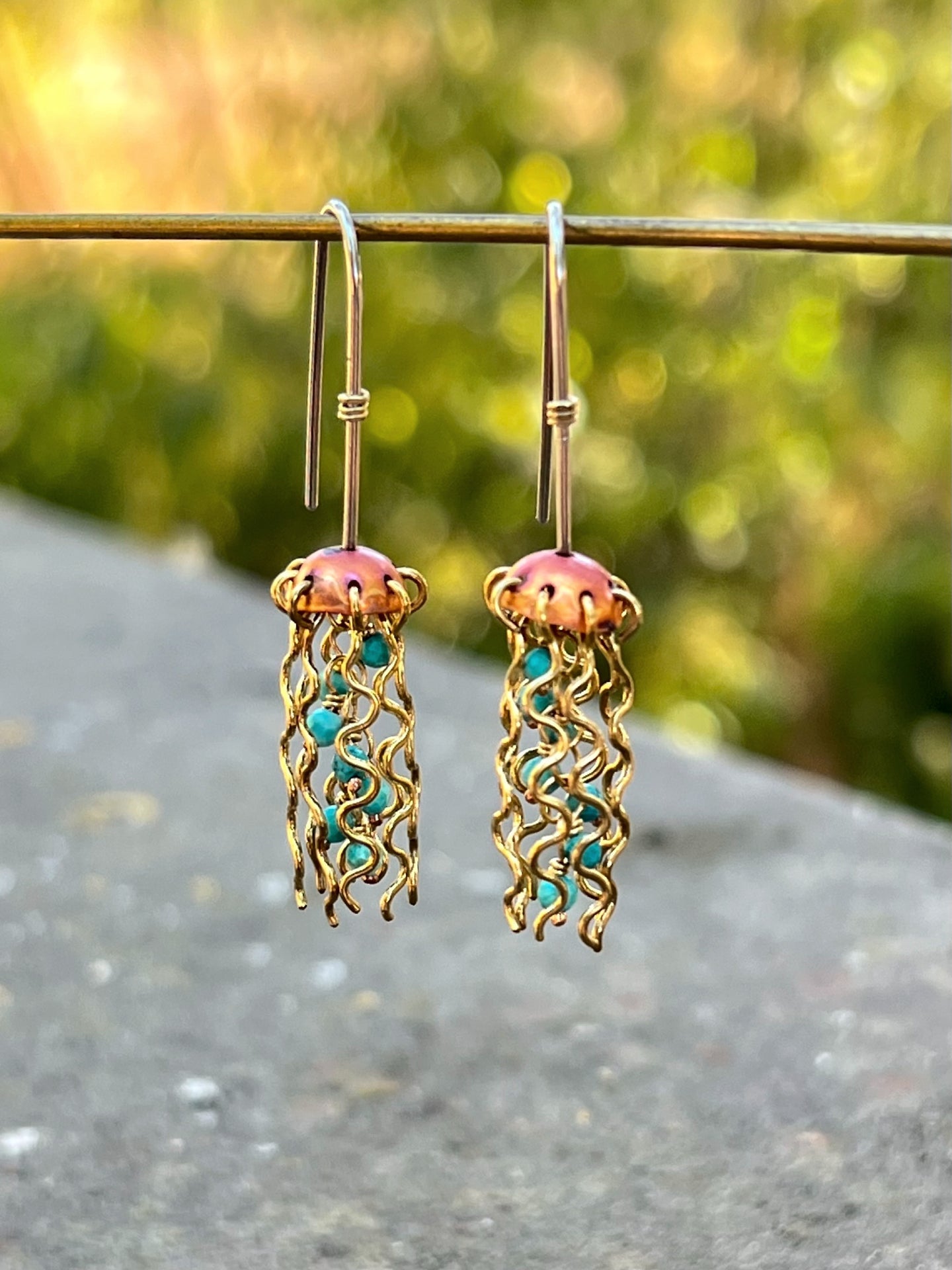 Mini Red Copper Jellyfish Earrings with Turquoise Beads and Sterling Silver Earwires by Alison Morse at Shirley Shoppe