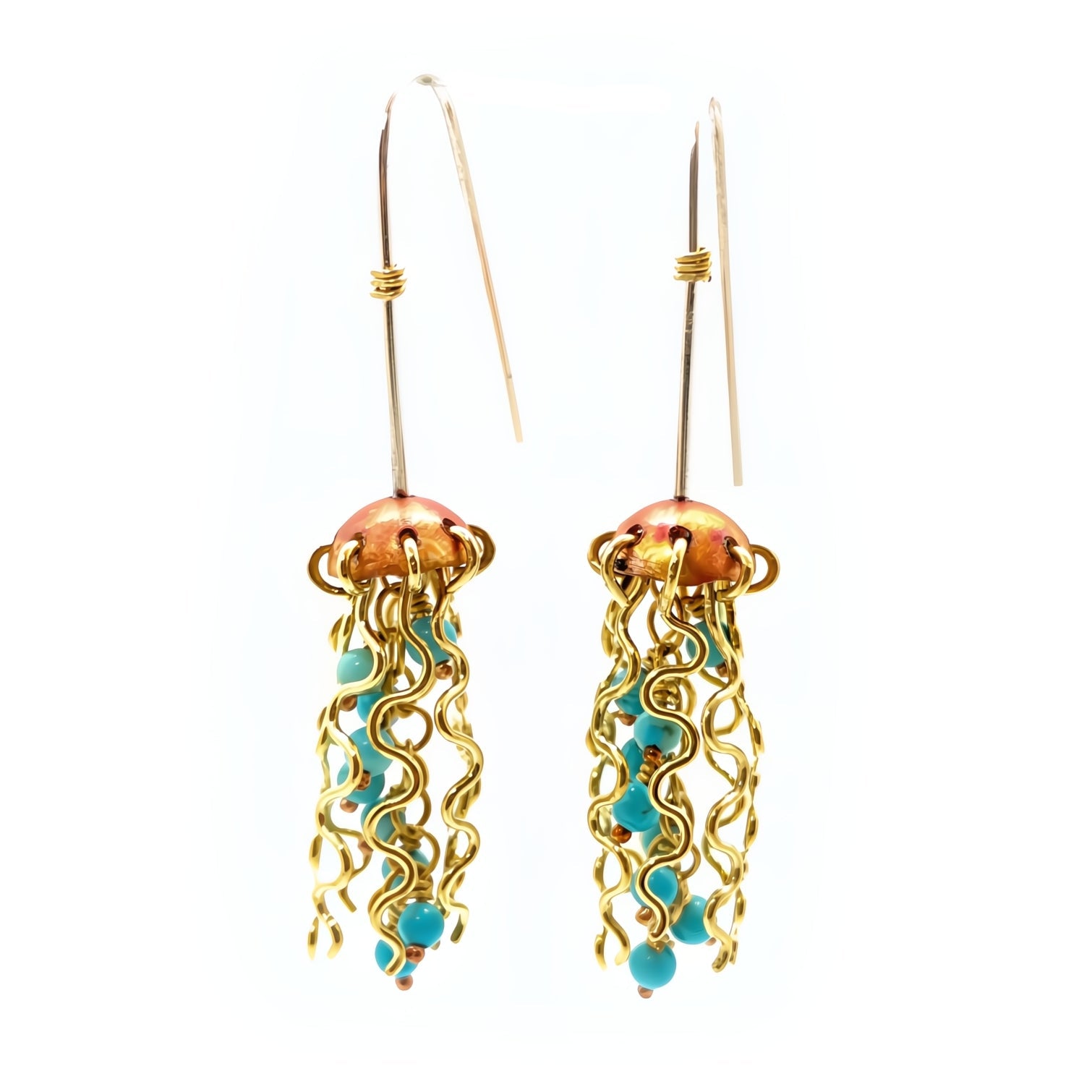 Mini Red Copper Jellyfish Earrings with Turquoise Beads and Sterling Silver Earwires by Alison Morse at Shirley Shoppe