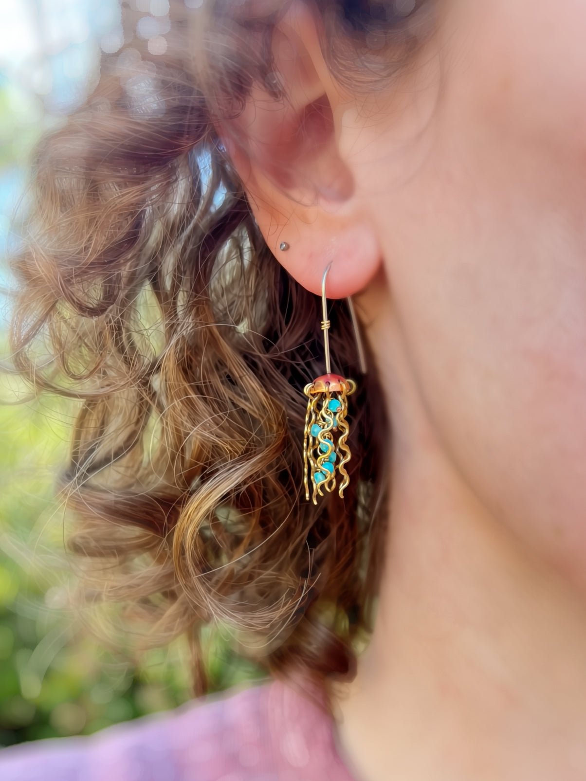 Mini Red Copper Jellyfish Earrings with Turquoise Beads and Sterling Silver Earwires by Alison Morse at Shirley Shoppe