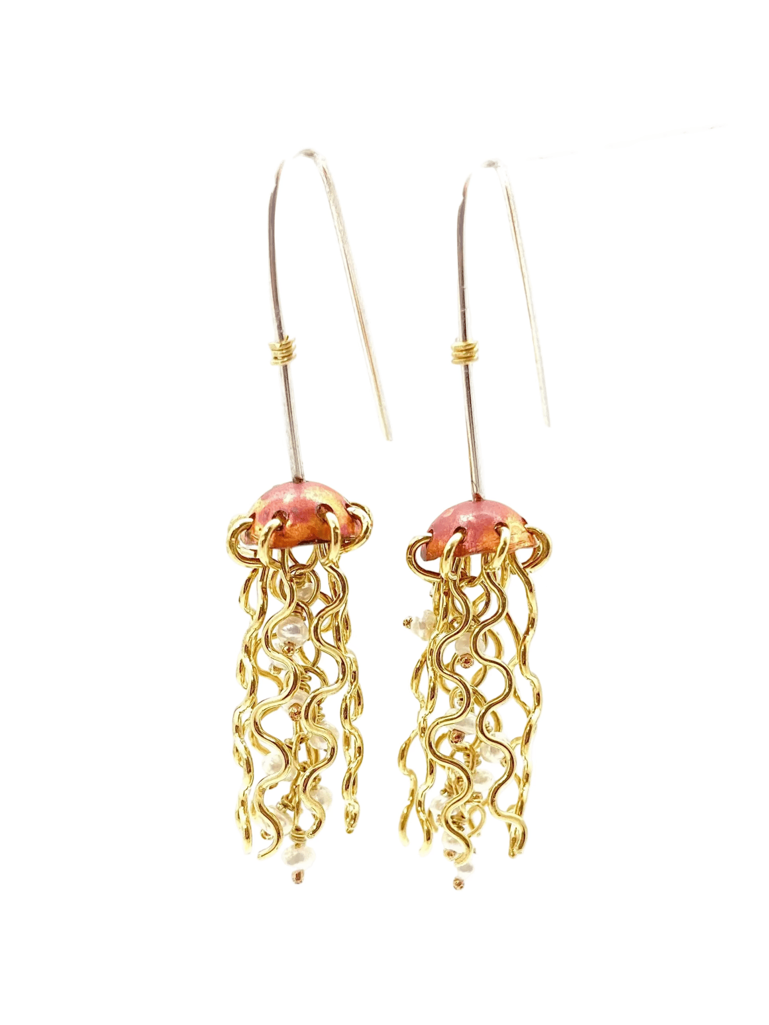 Mini Red Copper Jellyfish Earrings with White Pearls and Sterling Silver Earwires by Alison Morse at Shirley Shoppe