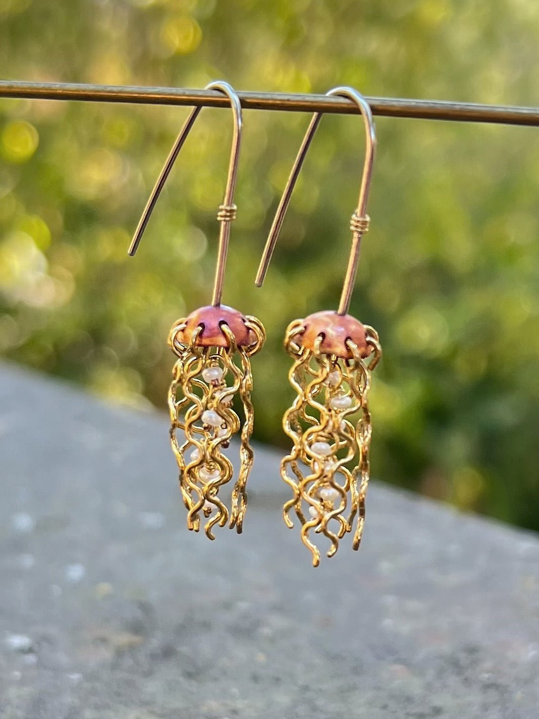 Mini Red Copper Jellyfish Earrings with White Pearls and Sterling Silver Earwires by Alison Morse at Shirley Shoppe